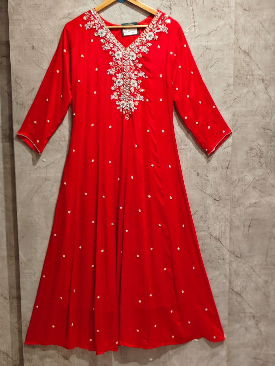 Red Anarkali Chinnon Hand Embroidery Kurtha 567