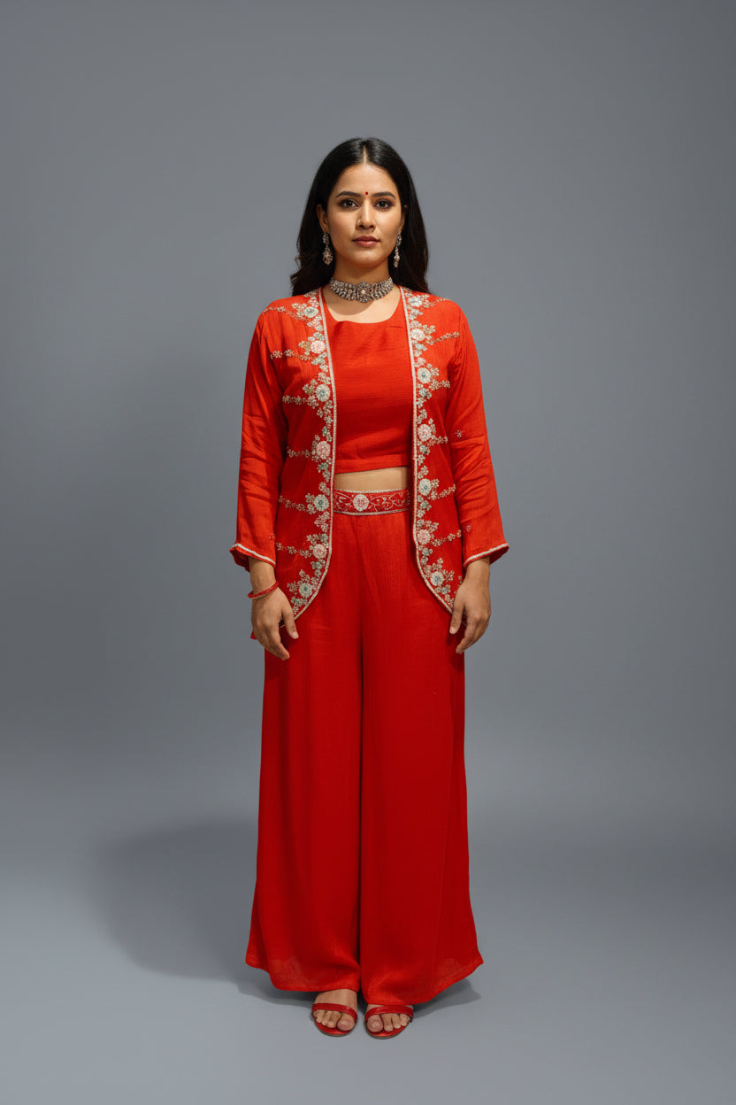 "PARI"  Orange Designer Kurtha 43 Set with Handwork Top and Palazoo and Cape IndoWesstern kurtha cape