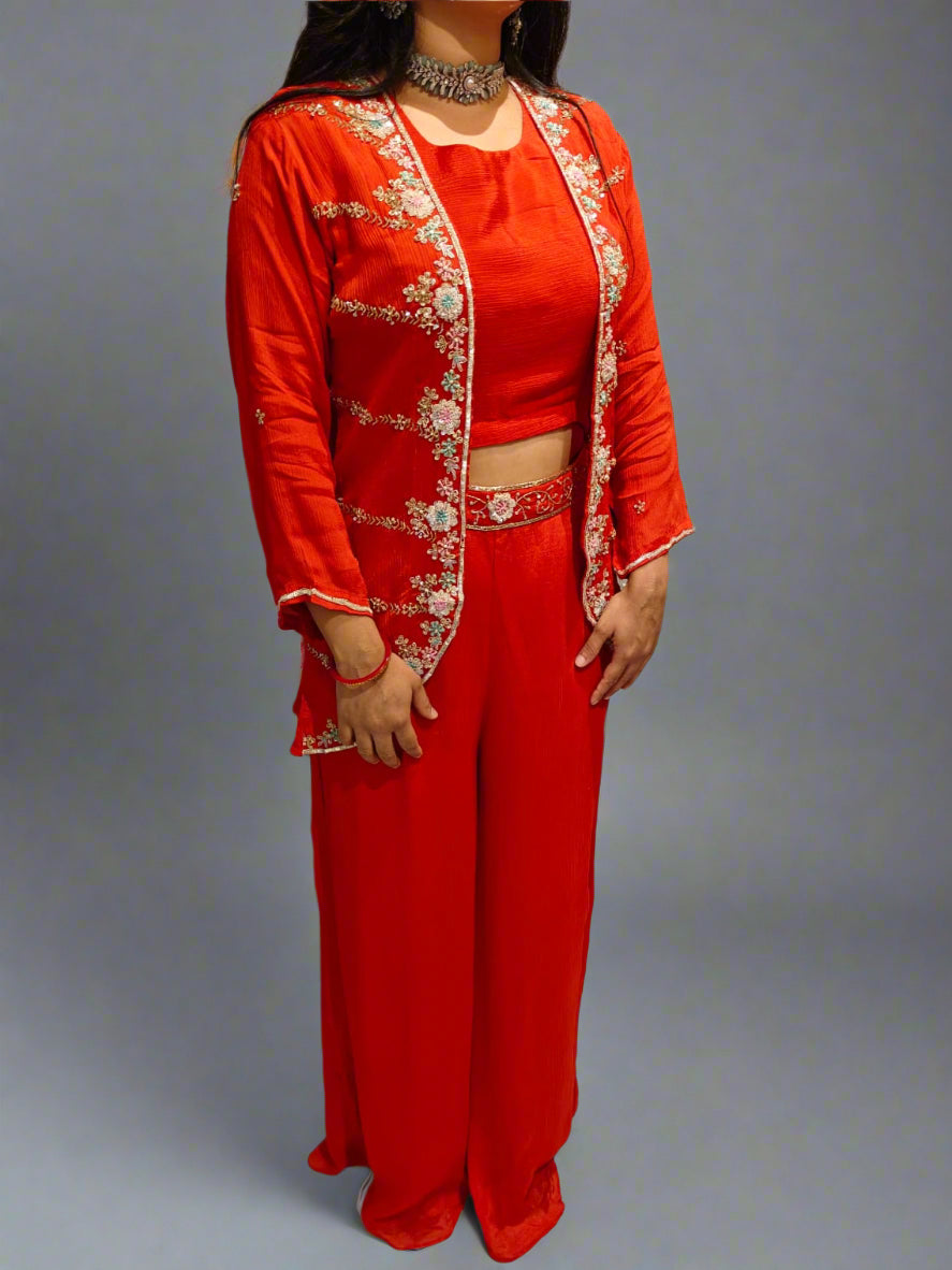 "PARI"  Orange Designer Kurtha 43 Set with Handwork Top and Palazoo and Cape IndoWesstern kurtha cape