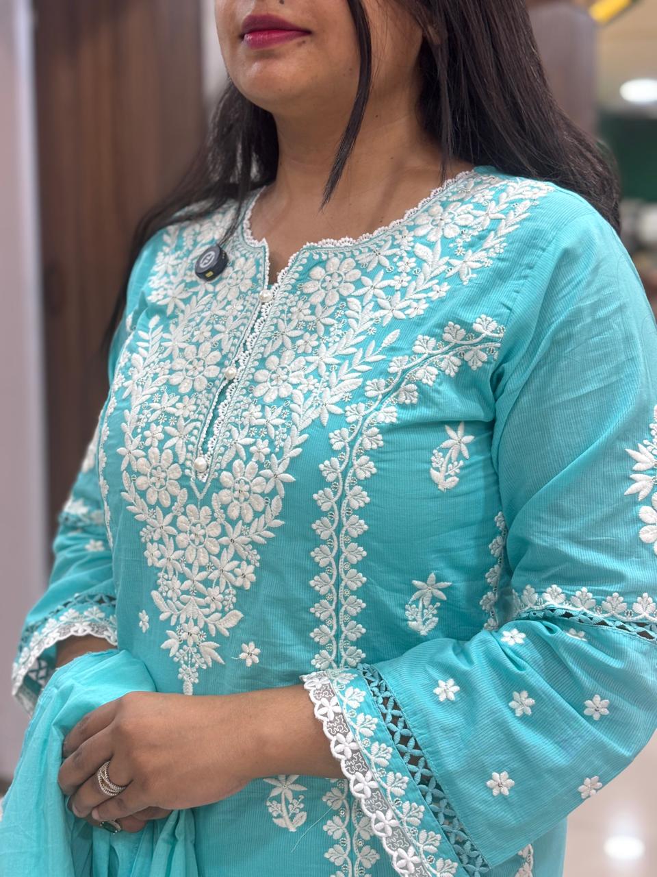 Blue Mul Cotton  Chikankari Work Straight Fit Kurtha 196