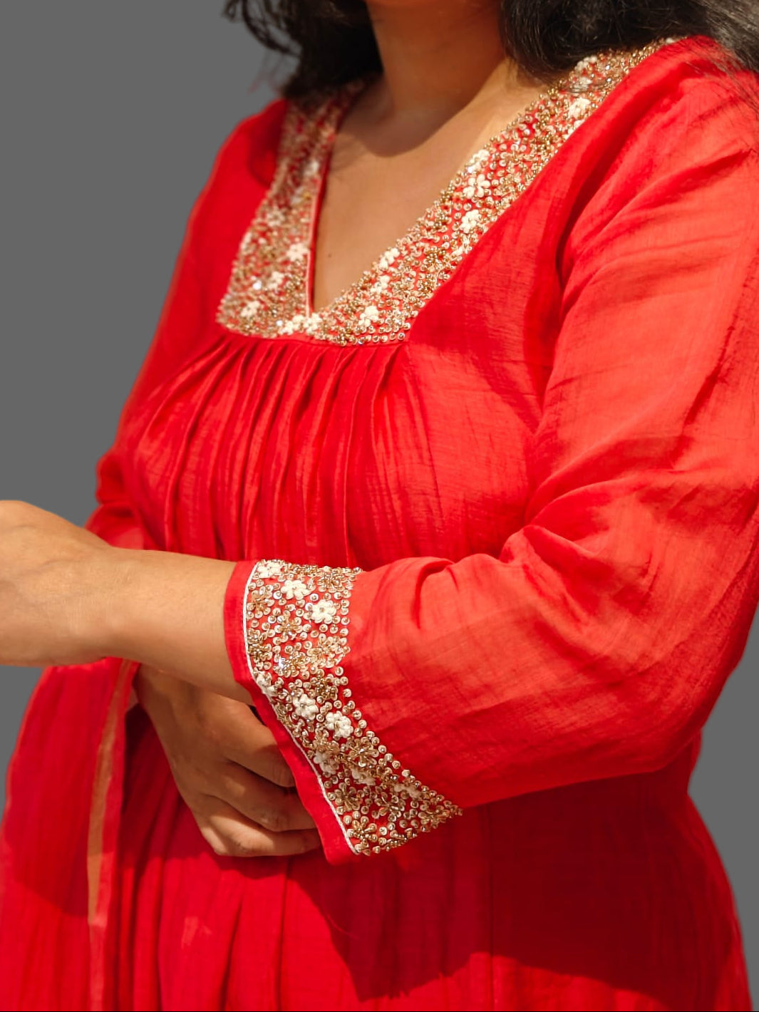 Red Mul Chanderi Hand Embroidery Airline Kurtha 324