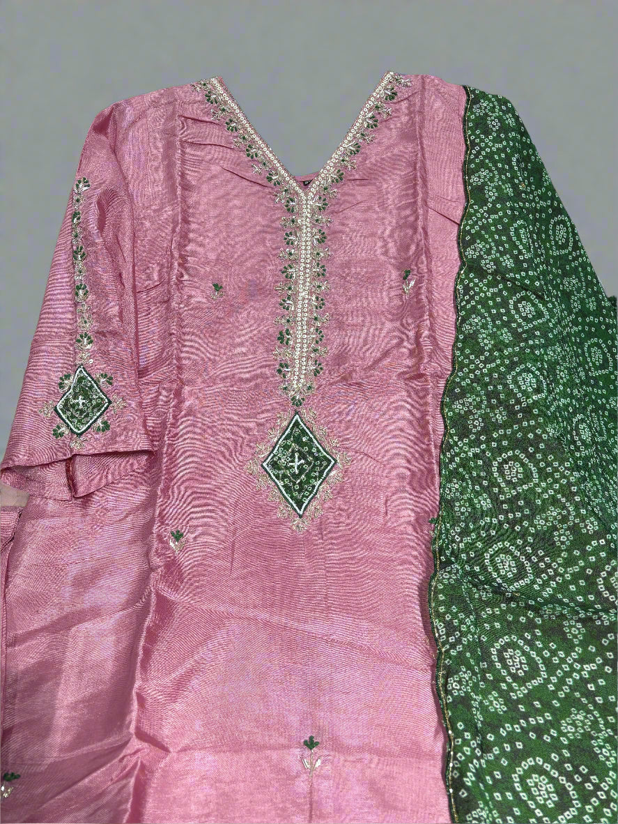 Baby Pink and Green dola  handwork Designer kurtha with Bandini Dupatta