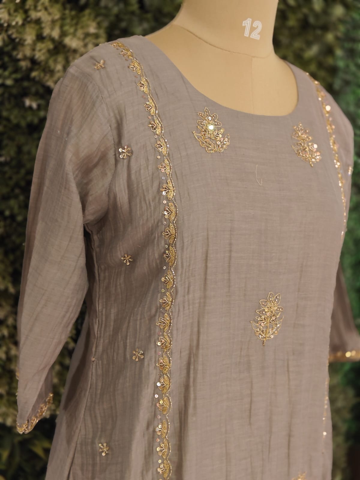 Gray Mul Chanderi Hand Embroidery Airline Kurtha 392