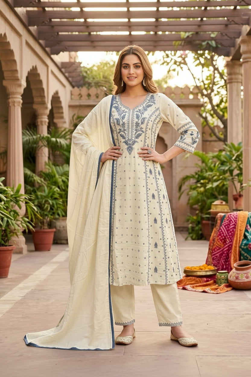 White And Green Cotton Anarkali Kurtha  151