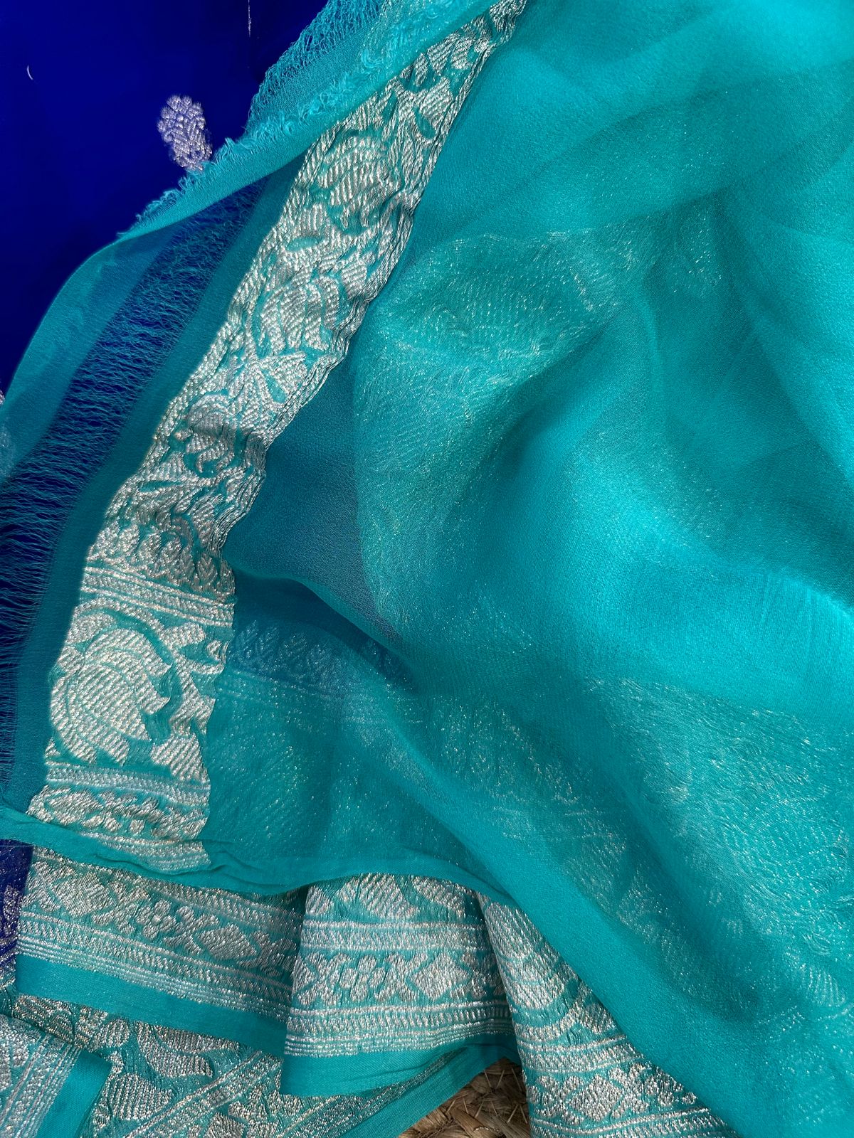 Blue with sky blue benarasi pure chiffon saree