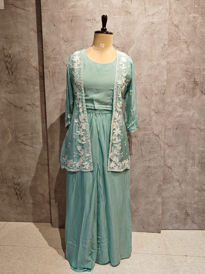 "PARI" Sea Green Designer Kurtha 43 Set with pearl handwork   Top, Palazoo and Jacket Indo-western cape