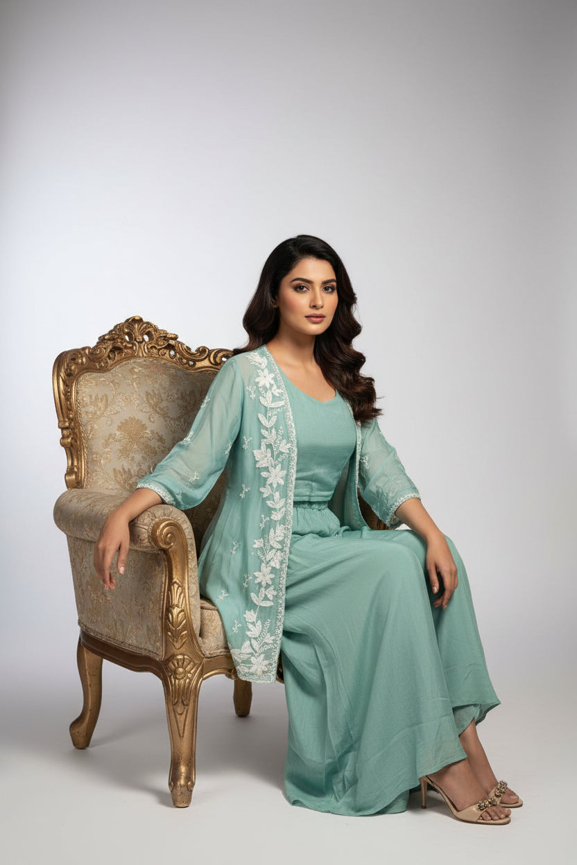 "PARI" Sea Green Designer Kurtha 43 Set with pearl handwork   Top, Palazoo and Jacket Indo-western cape