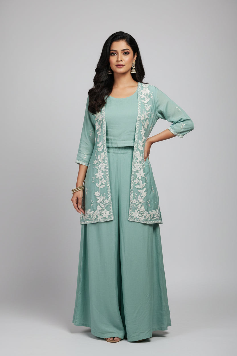 "PARI" Sea Green Designer Kurtha 43 Set with pearl handwork   Top, Palazoo and Jacket Indo-western cape