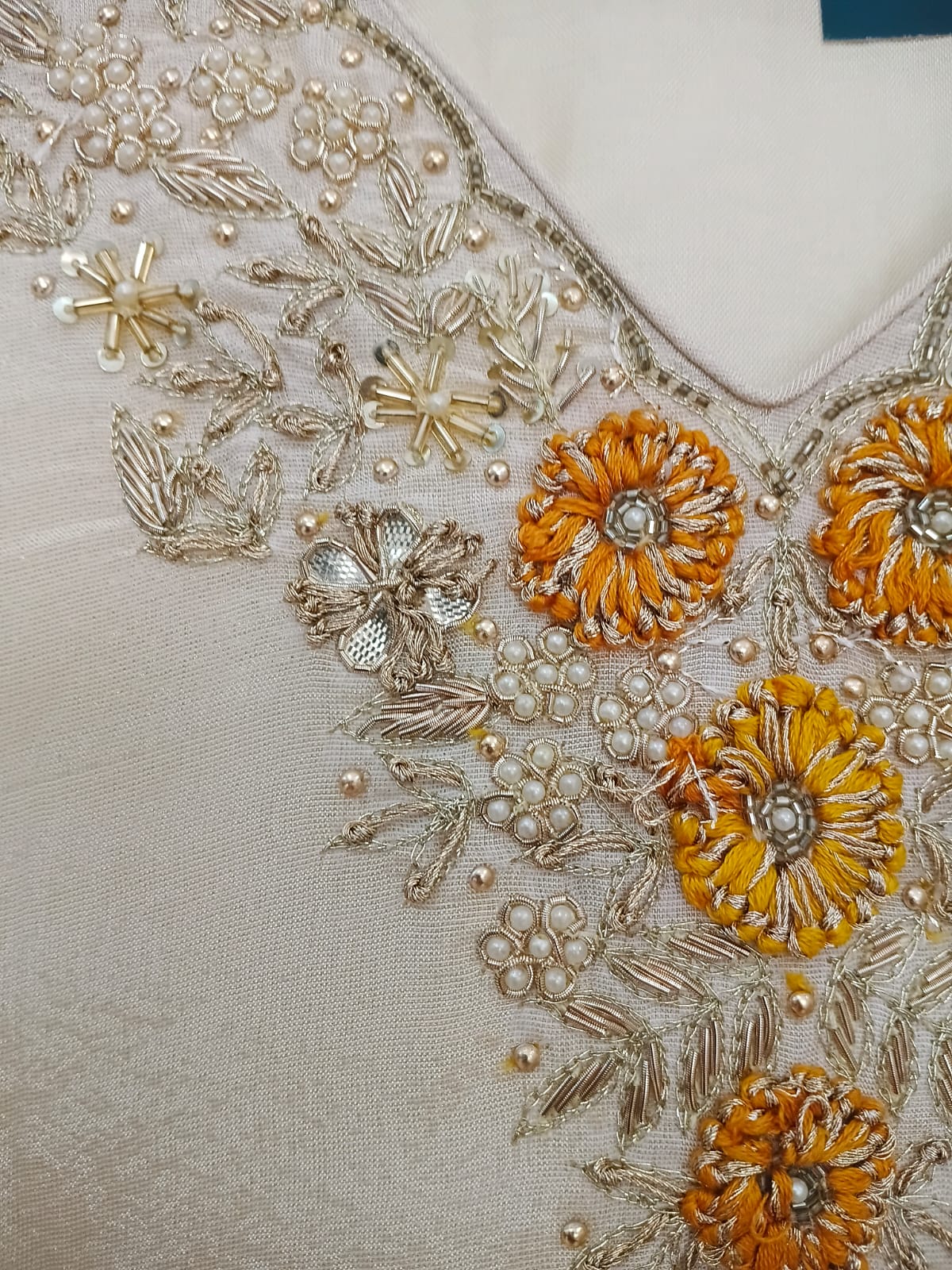 Cream shimmer Hand Embroidery Straight Fit Kurtha 151