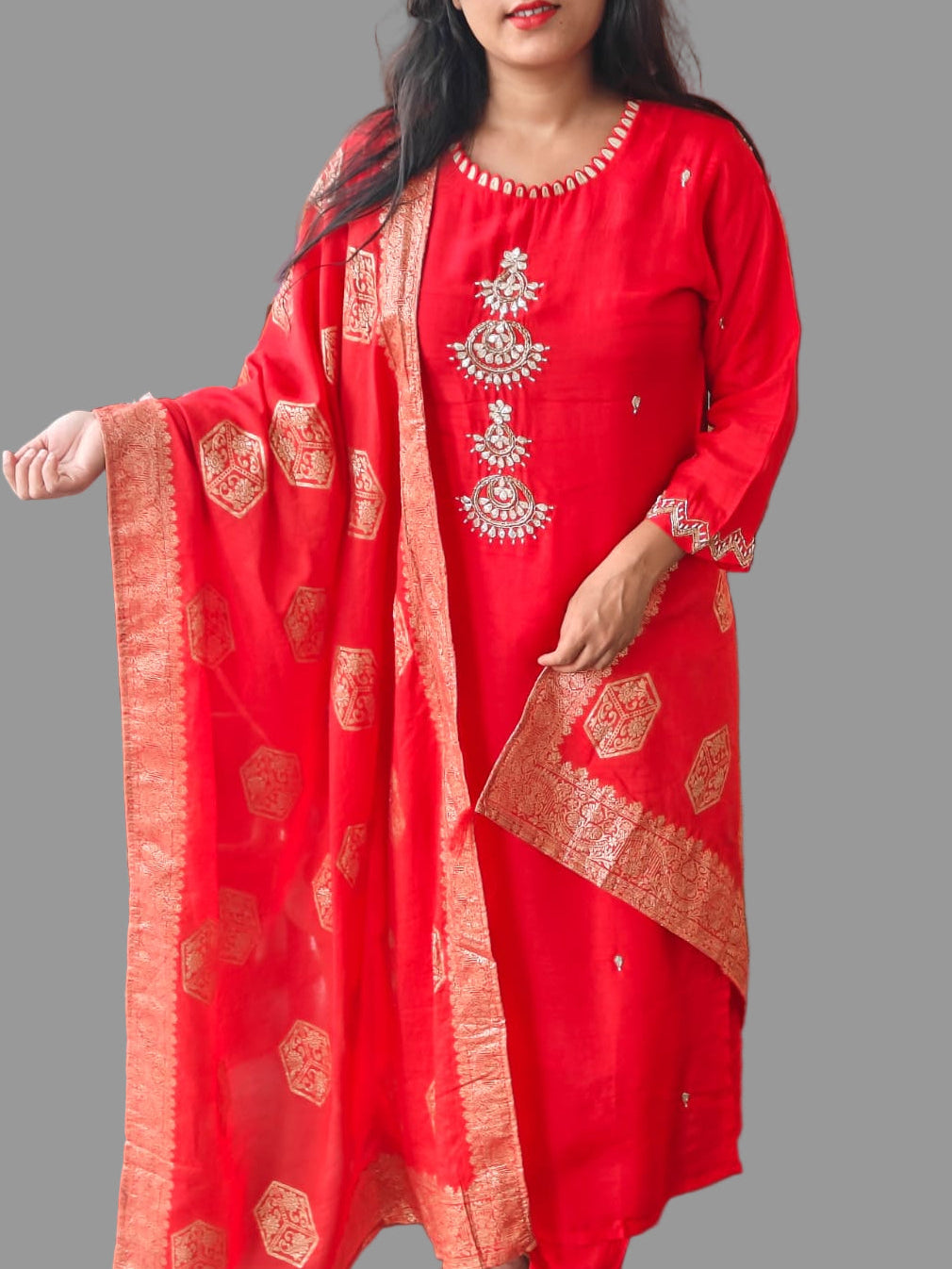 Red Dola Silk Handwork Straight Fit Kurtha 49