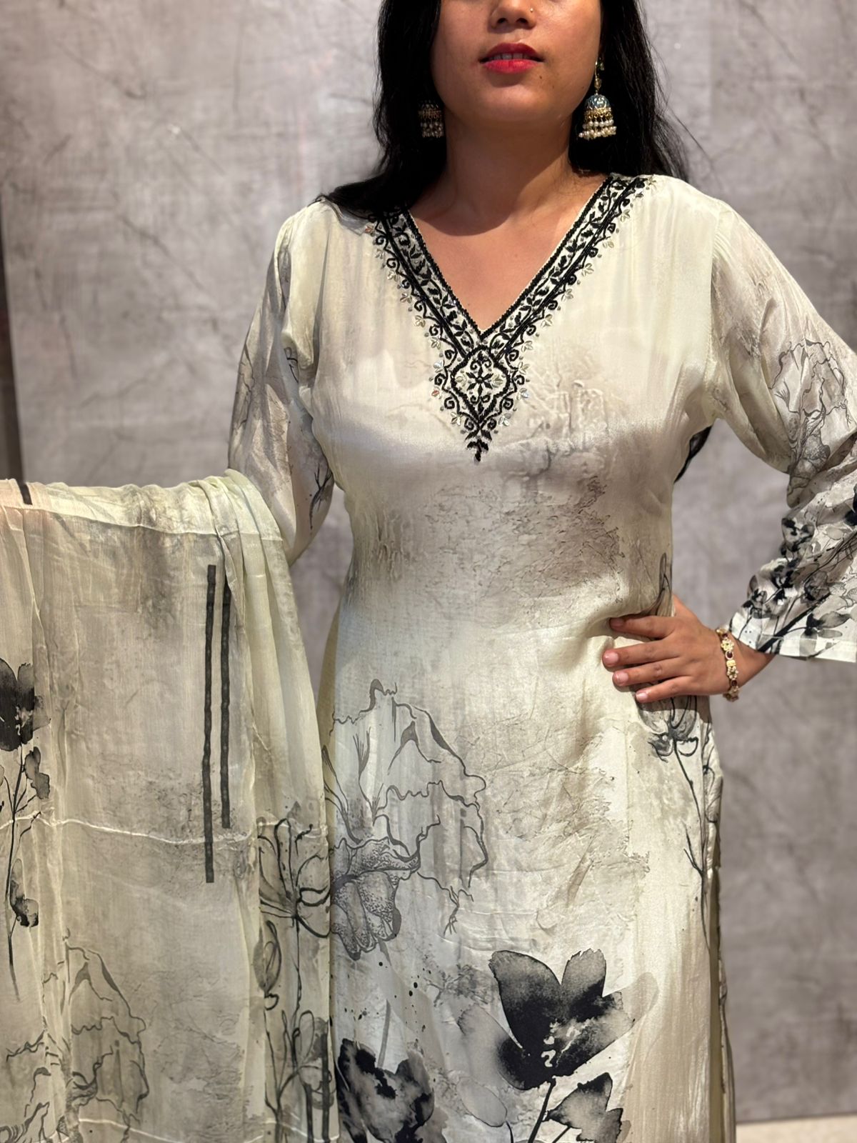 White Digital Print Crepe Kurtha 693