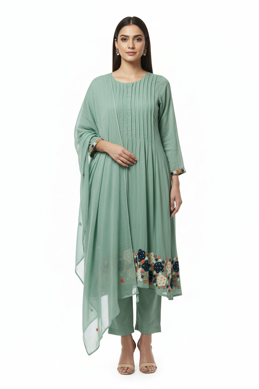 Sea Green  Mul Cotton Thread Embroidery Airline Kurtha