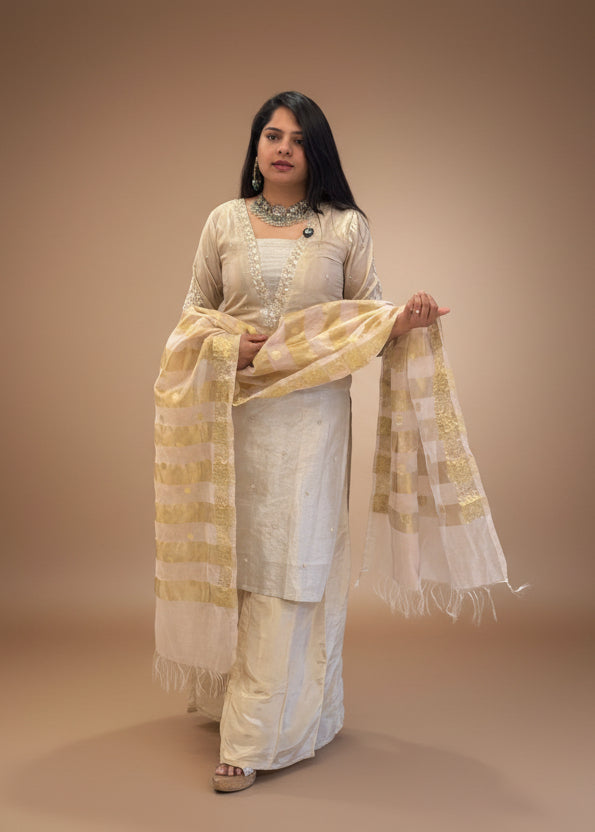 Gold Shimmer Tissue Hand Embroidery Kurtha 151