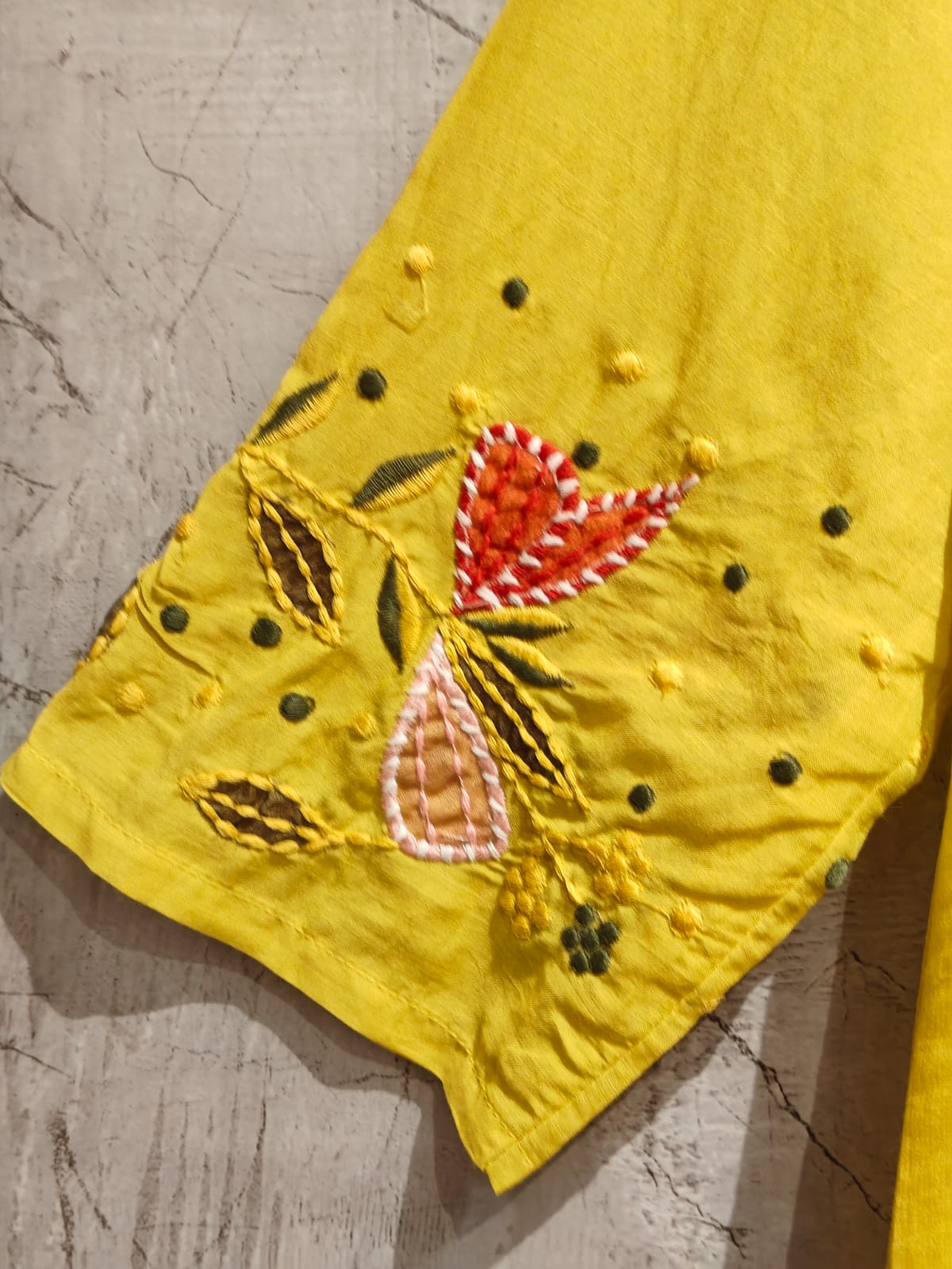 Yellow Mul Chanderi Anarkali Handwork Kurtha