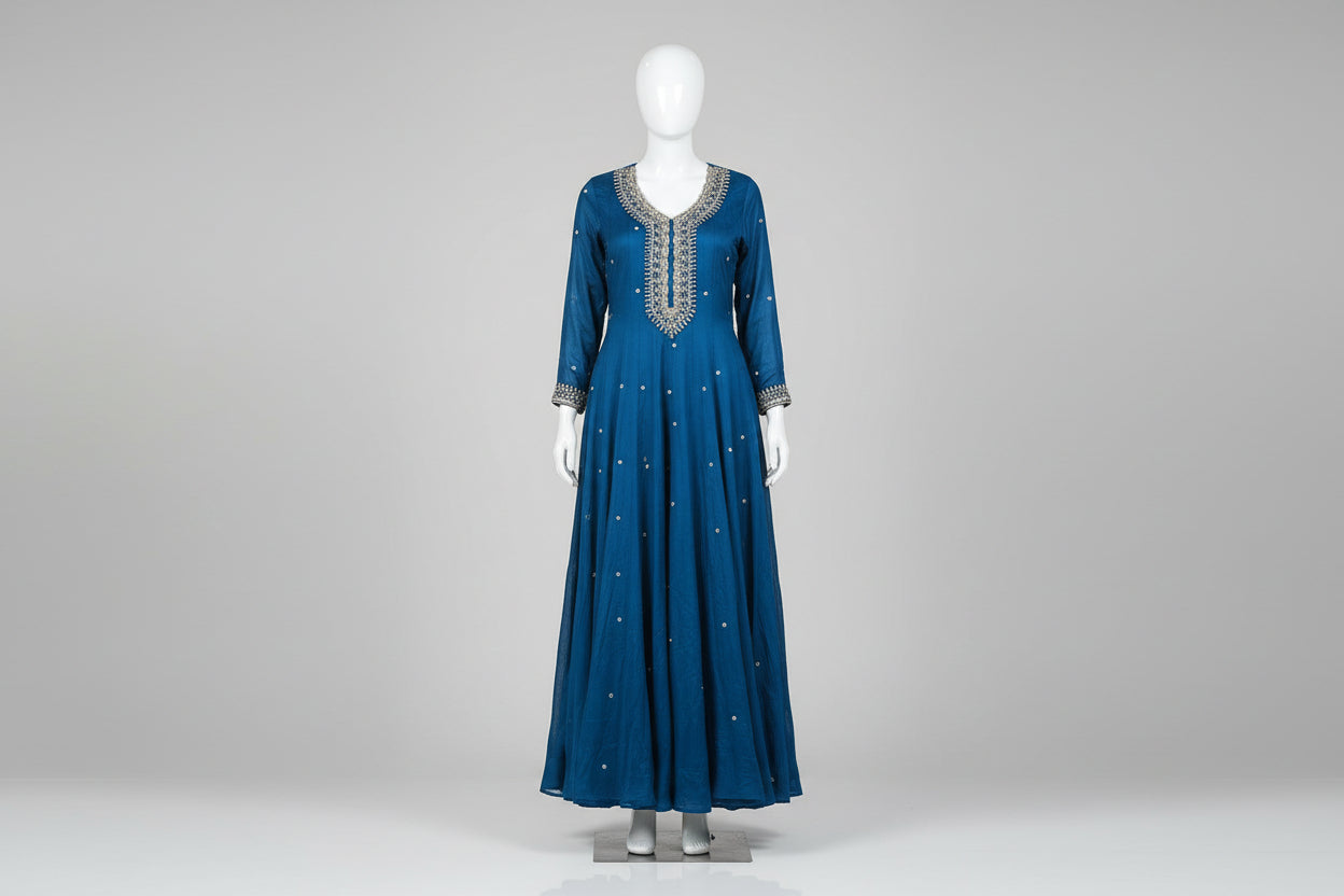 Royal Blue Anarkali chinnon handwork party ware Kurtha 567