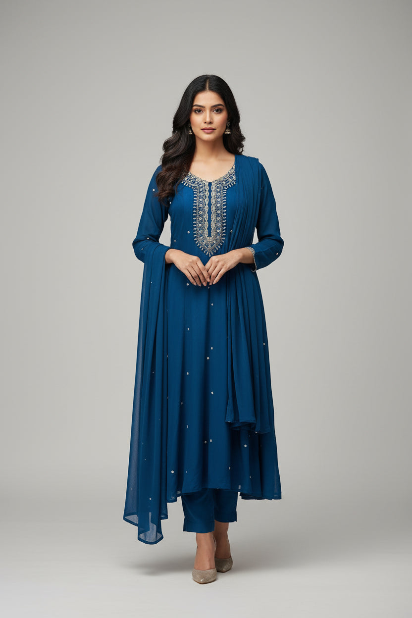 Royal Blue Anarkali chinnon handwork party ware Kurtha 567