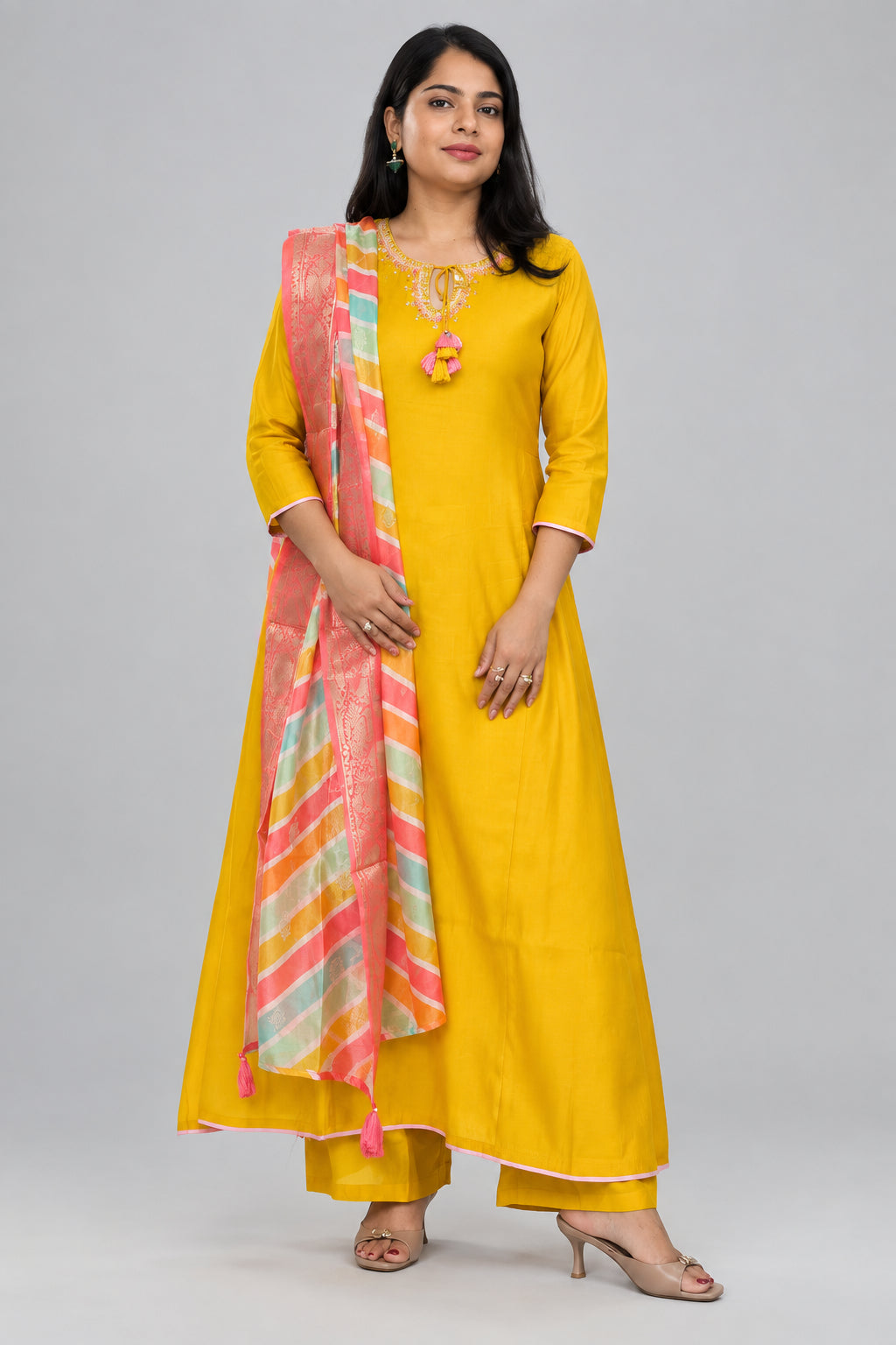 Purple Mul Chanderi Thread Embroidery A Line Kurtha 898
