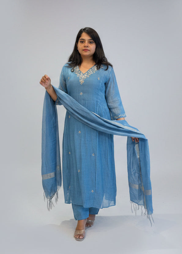 Blue  Mul Chanderi Anarkali Handwork Kurtha 127