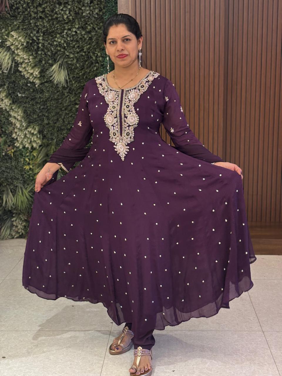 Purple Anarkali Chinnon Hand Embroidery Kurtha 567
