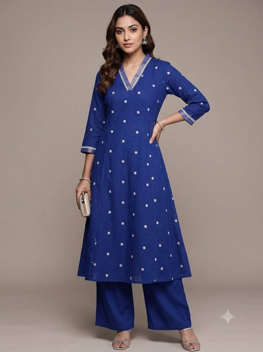 Navy Blue Pure Cotton A Line Cord Set Kurtha 721