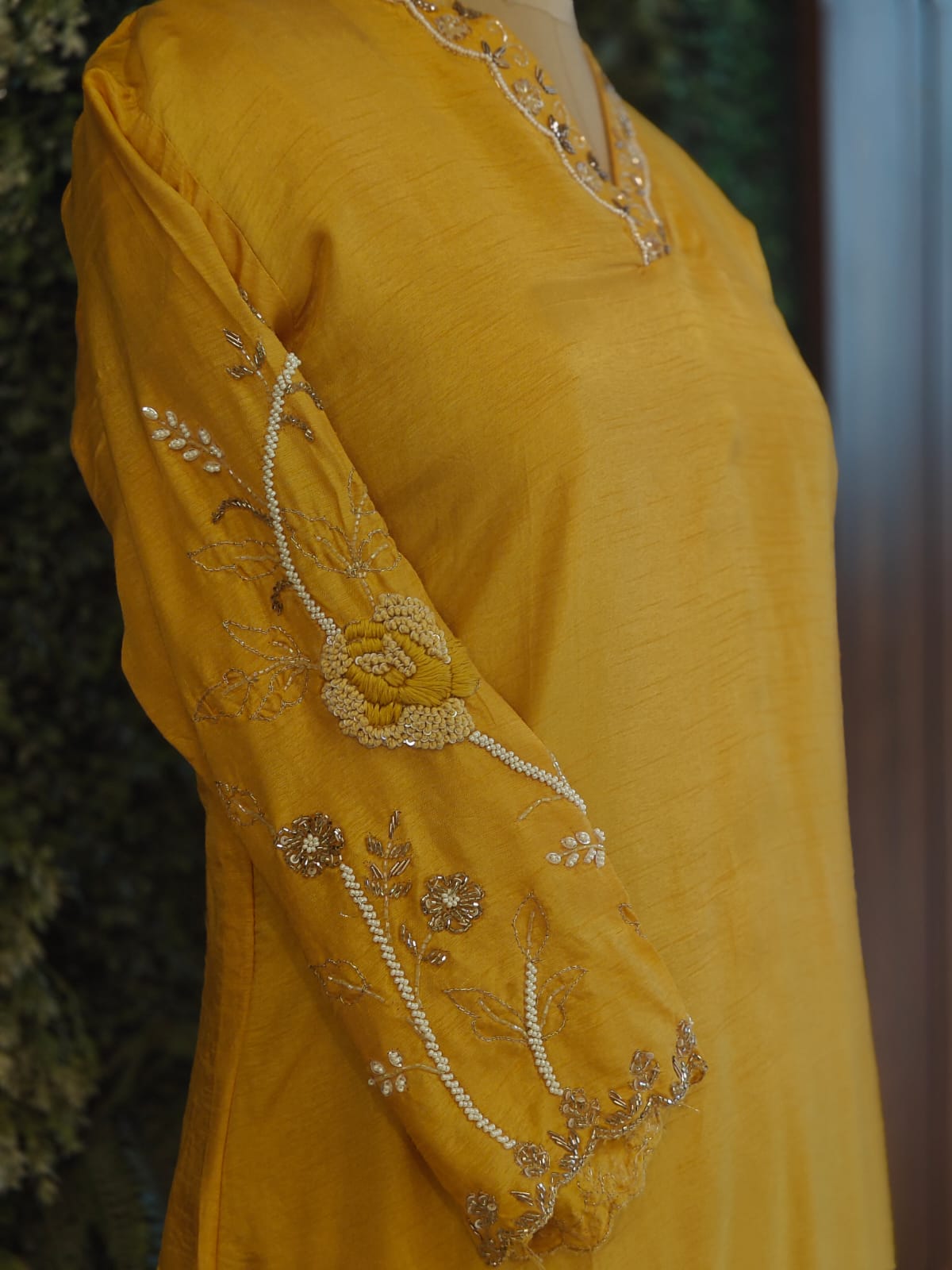 Yellow Dola Silk Handwork Straight Fit Kurtha 459