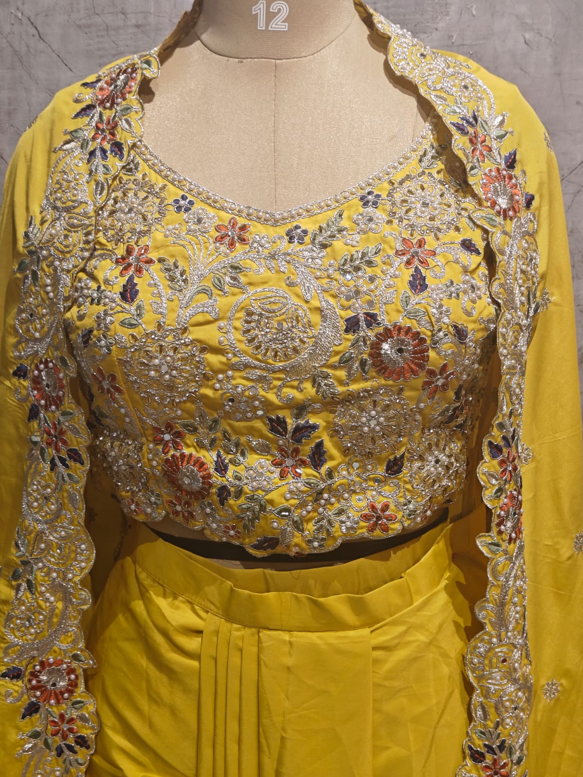 “Pari" Yellow Indo-western handwork Top, Skirt and Cape kurtha 42