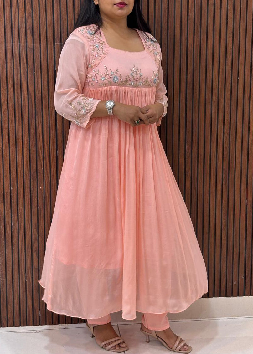 Baby Pink Chinnon Thread Embroidery Airline Cord Set Kurtha