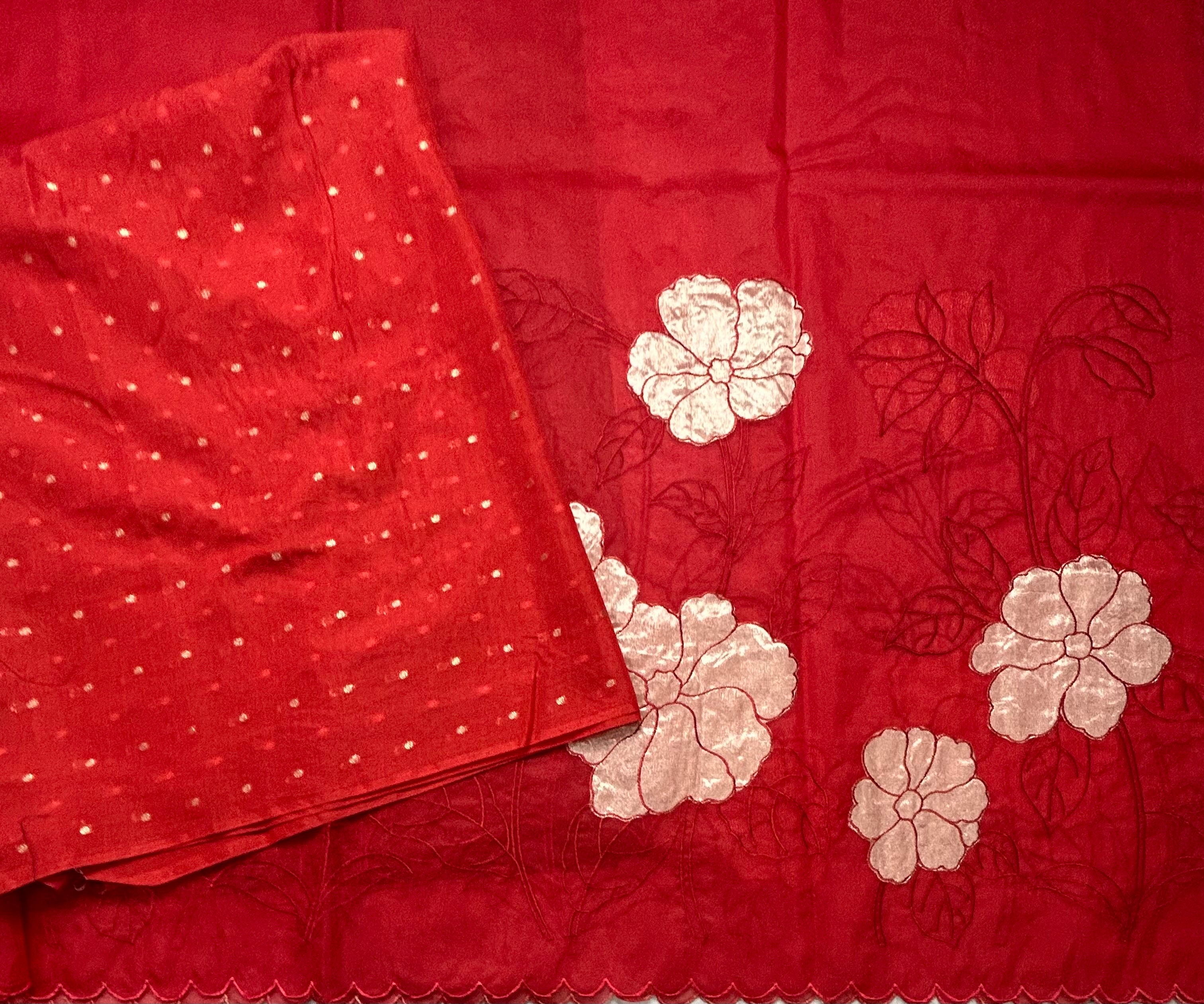 Red vicose organza appliqué scallop border 105 saree