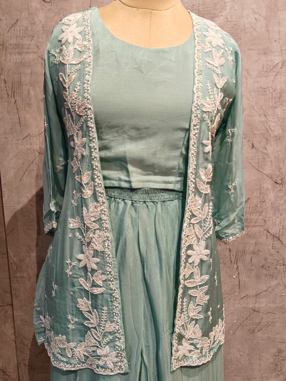 "PARI" Sea Green Designer Kurtha 43 Set with pearl handwork   Top, Palazoo and Jacket Indo-western cape