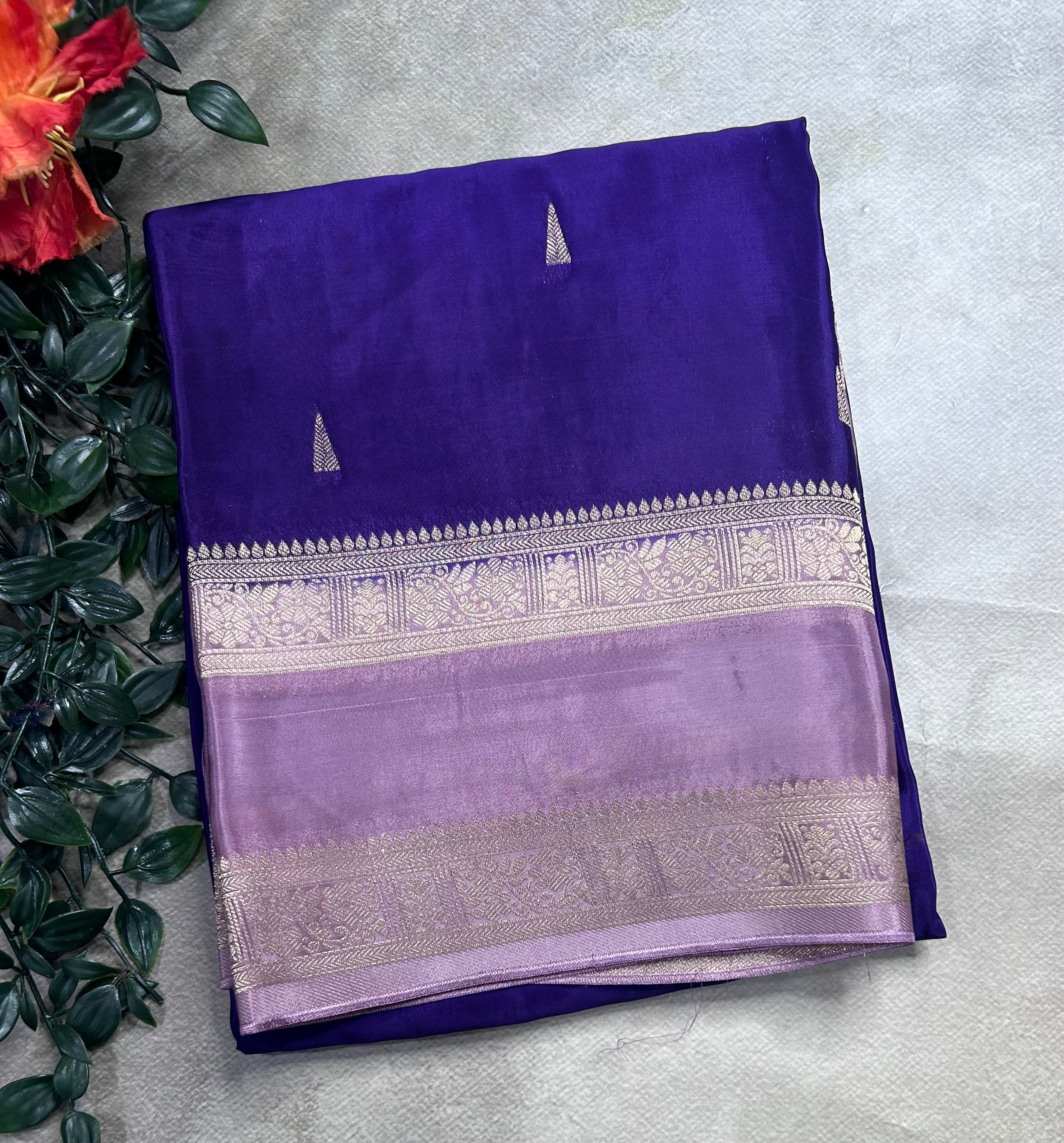 Purple contrast bentex border semi Mysore crepe 106 saree