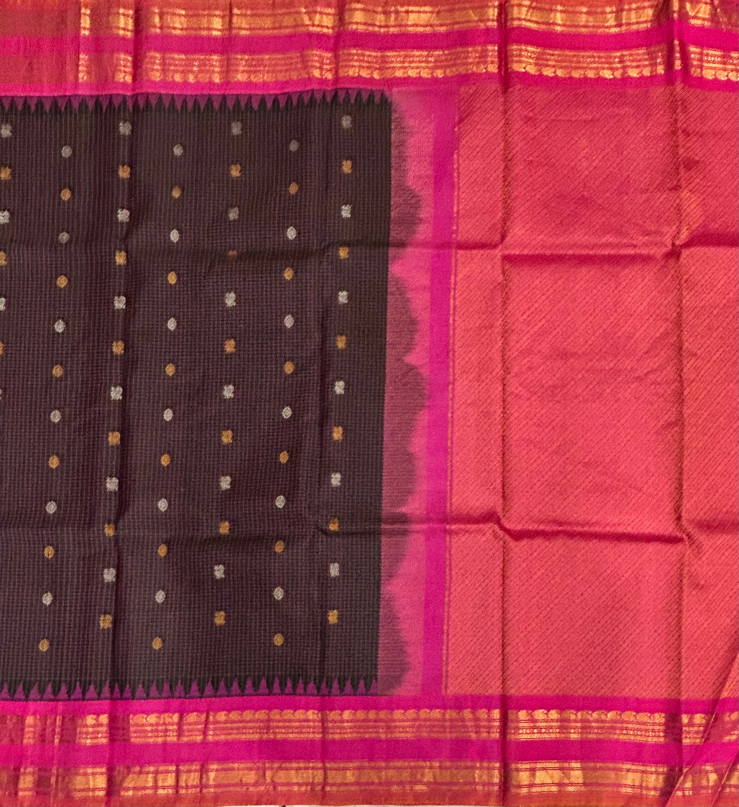 Black n pink small border pure Gadwal saree