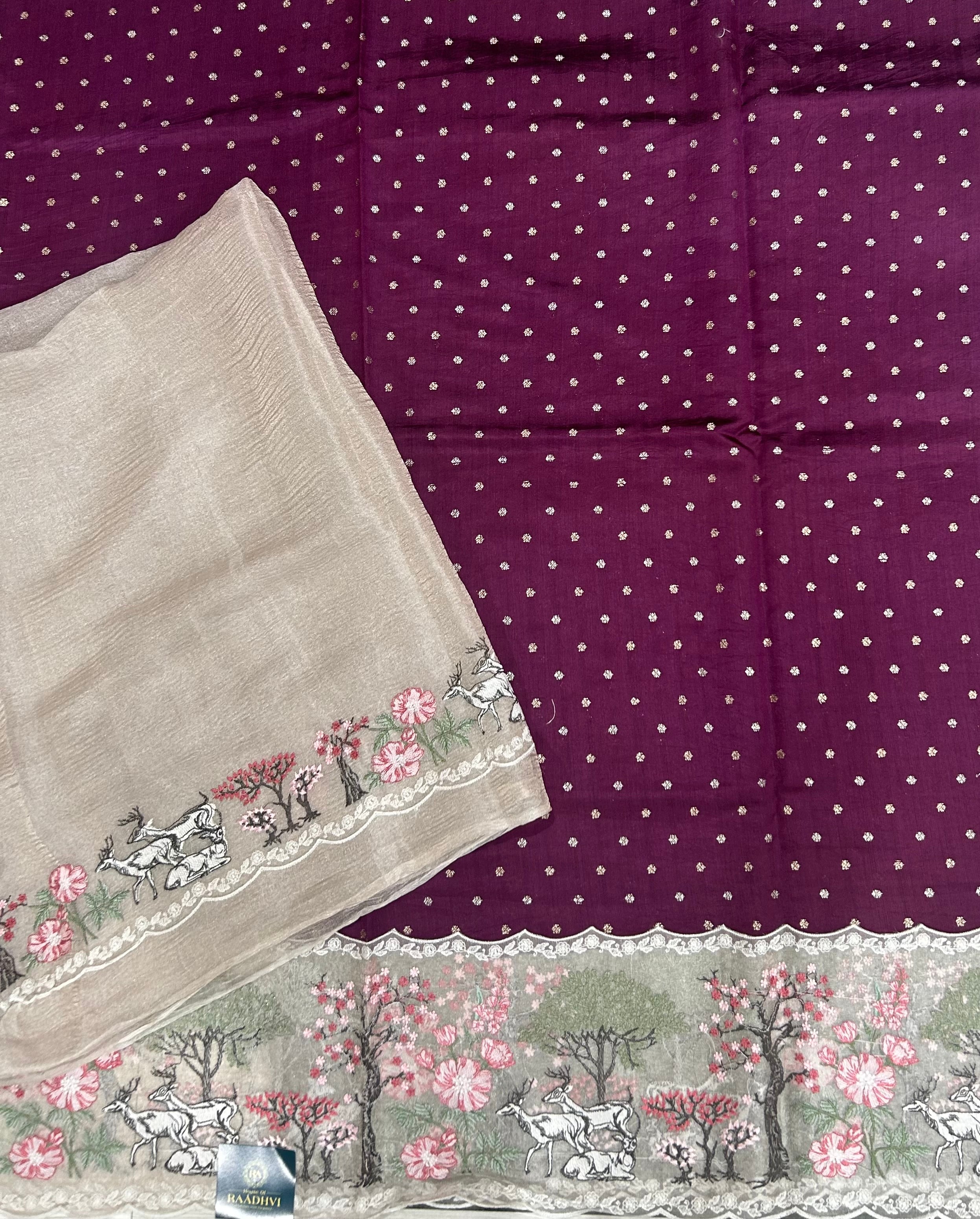 Purple pure chiniya fusion silk saree