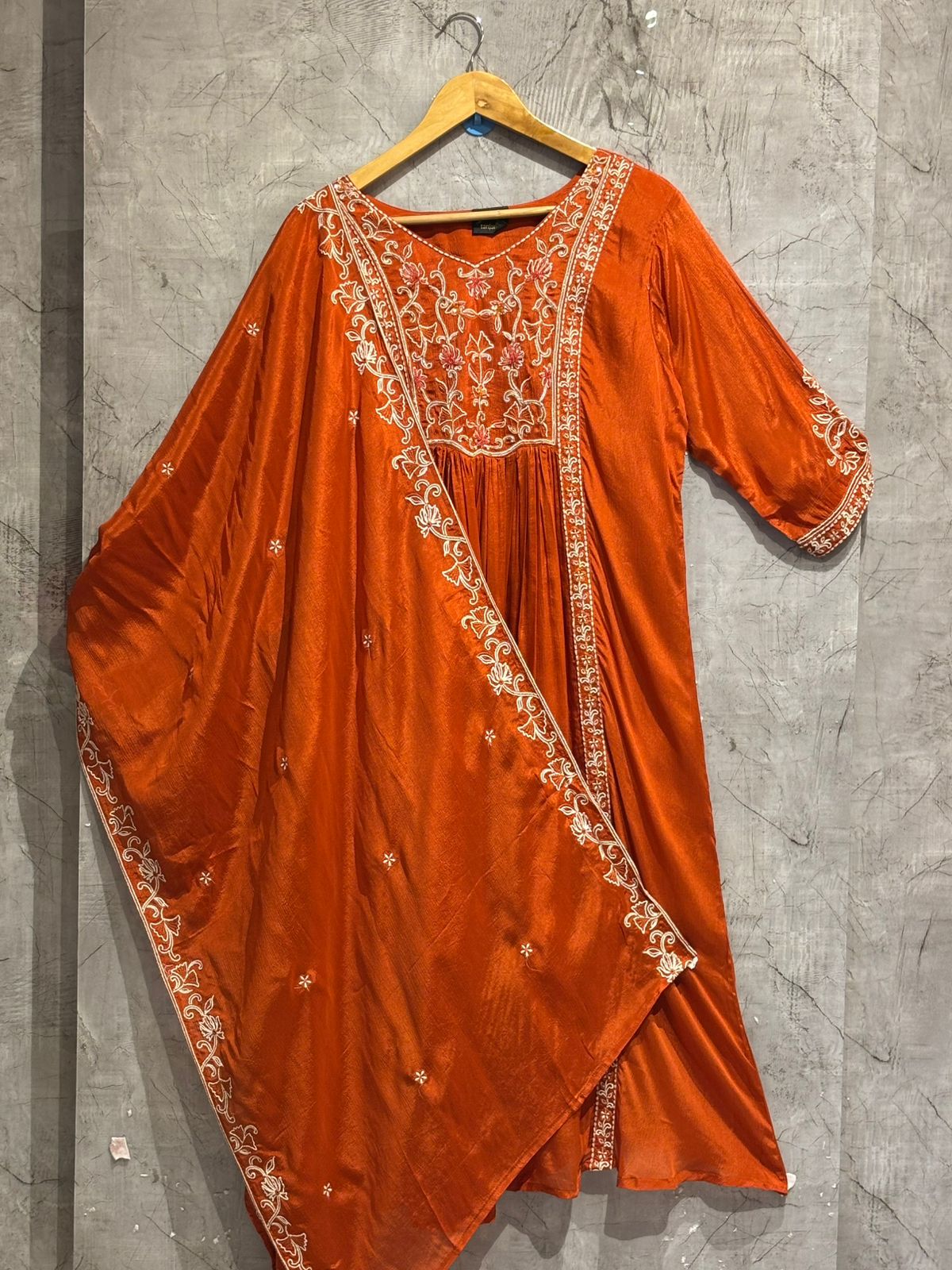 Orange Thread embroidry  Crepe kurtha set