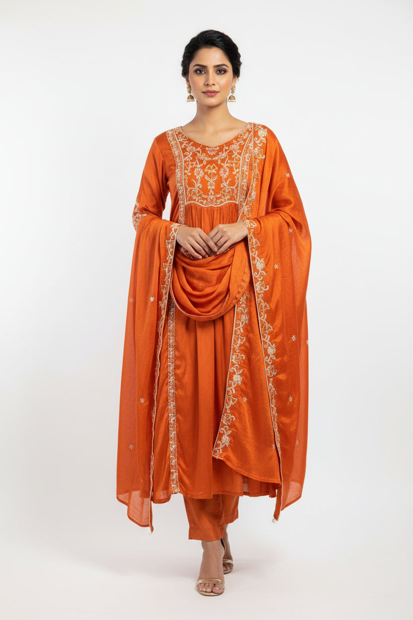 Orange Thread embroidry  Crepe kurtha set
