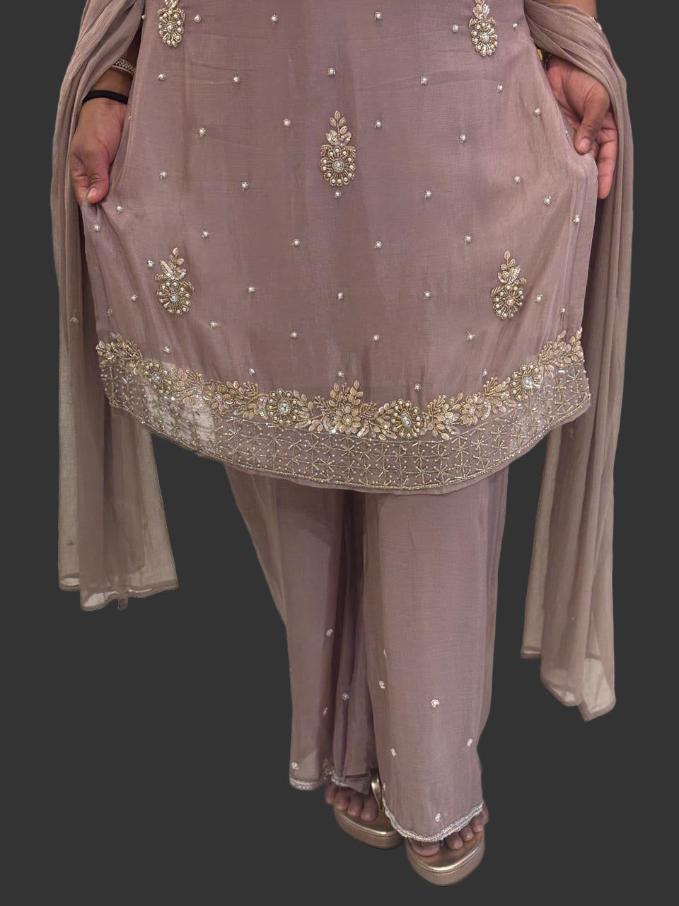 Beige Chinnon Hand Embroidery Sharara Kurtha 301