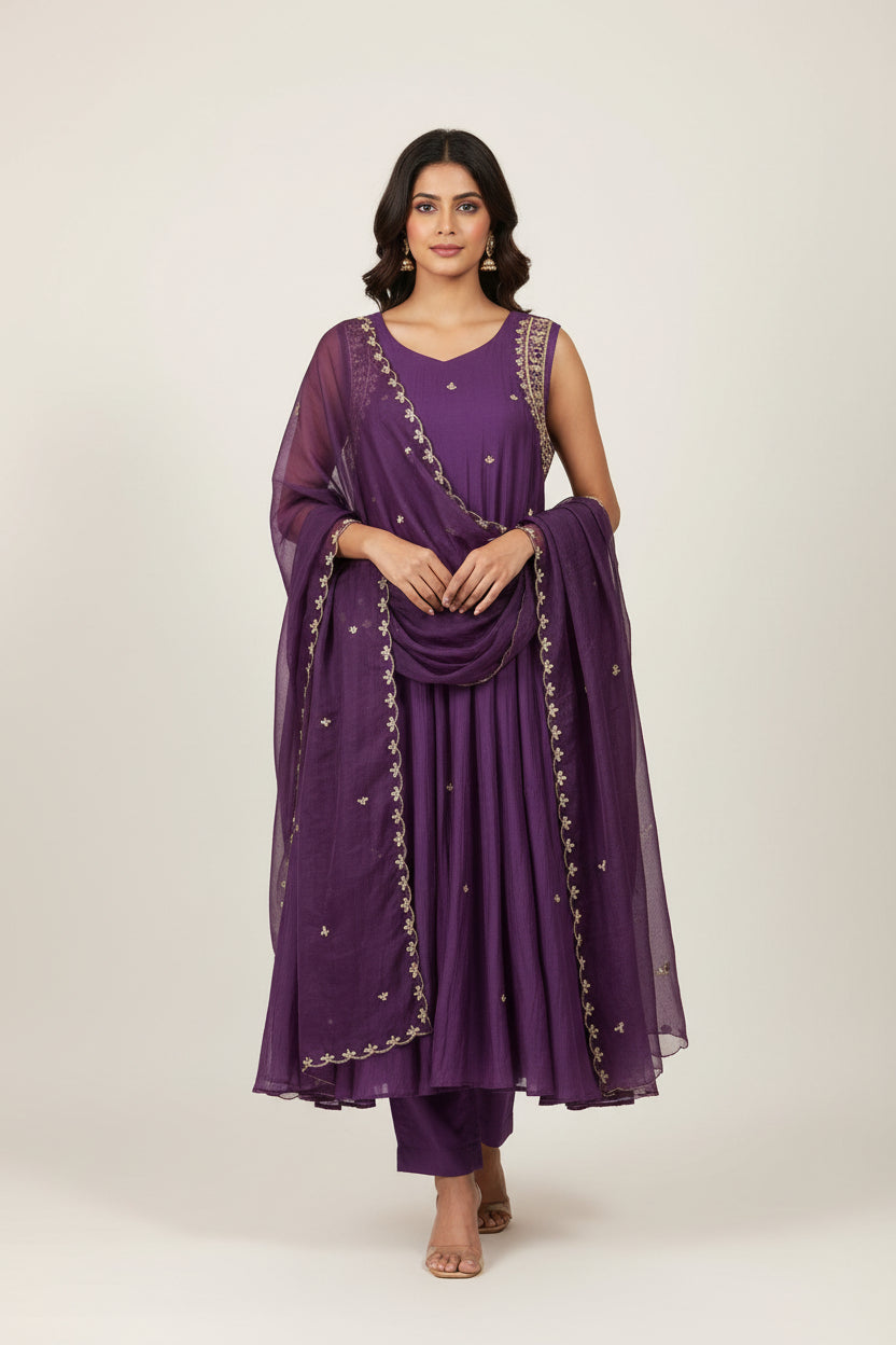 “Pani" Purple Mul Chanderi Silk Anarkali Handwork Kurtha 515