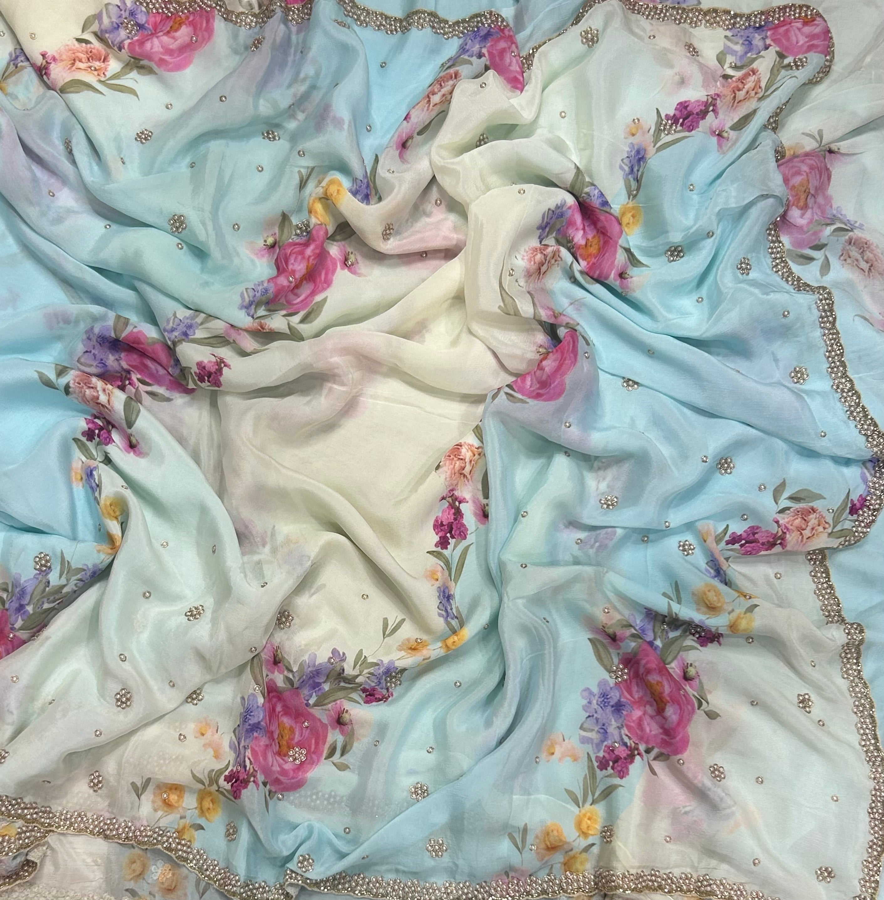 Cream n pastel blue -2 digital printed crepe 104 party wear saree