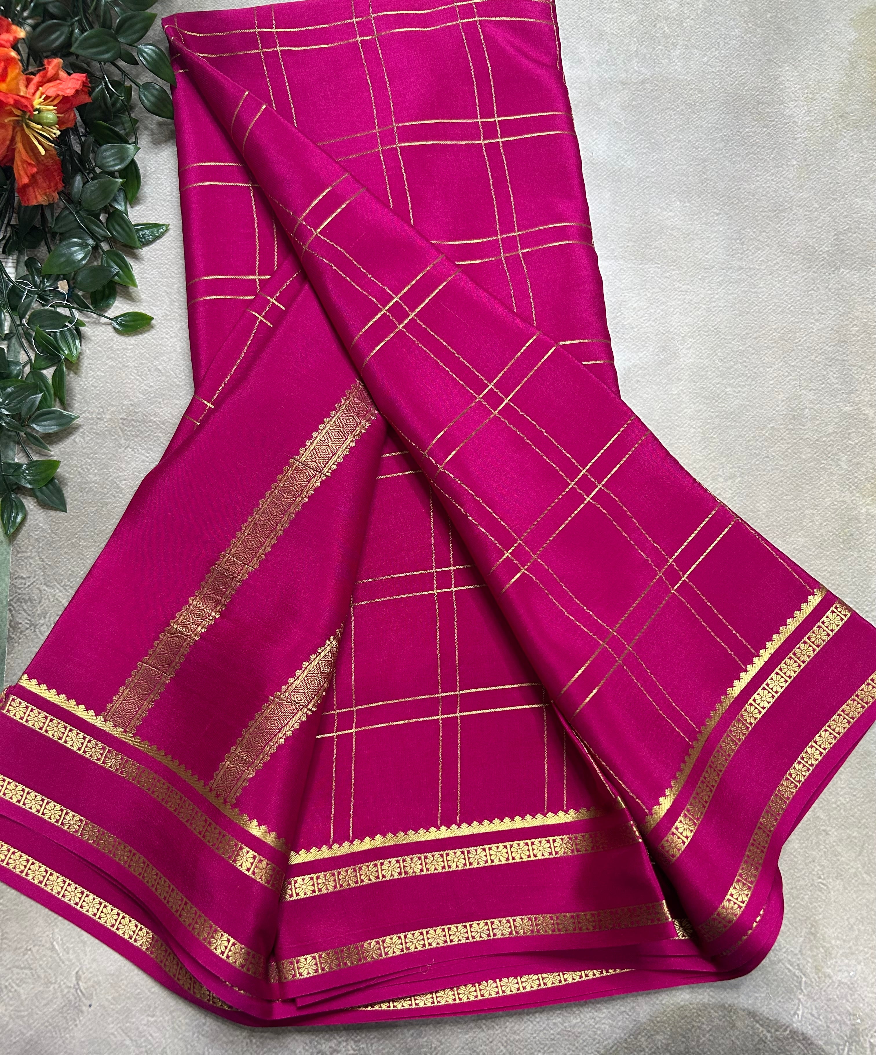 Rani pink big checks n Bentex border pure Mysore silk 106 saree