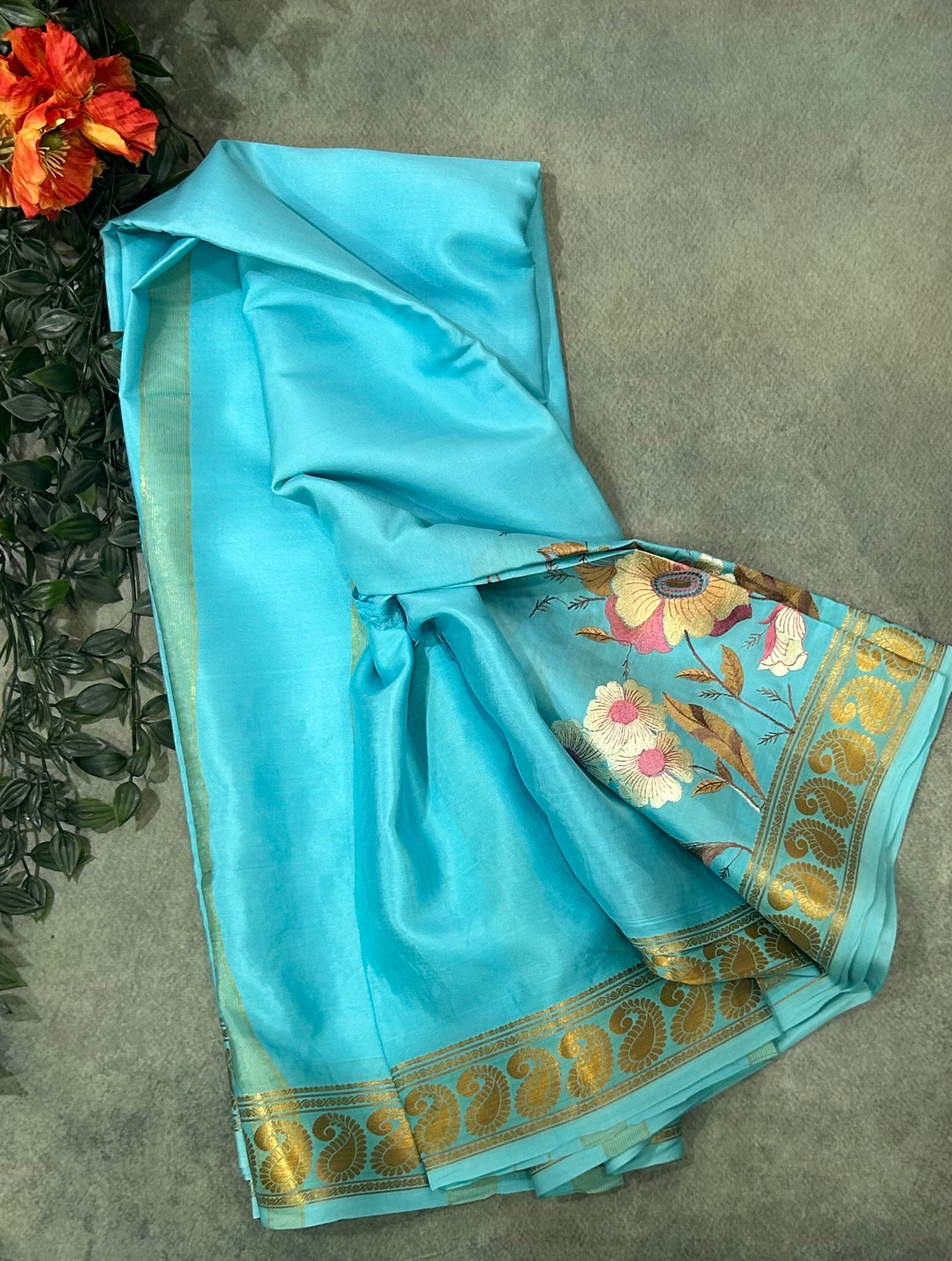 Sky blue embroidery pure Mysore crepe silk saree