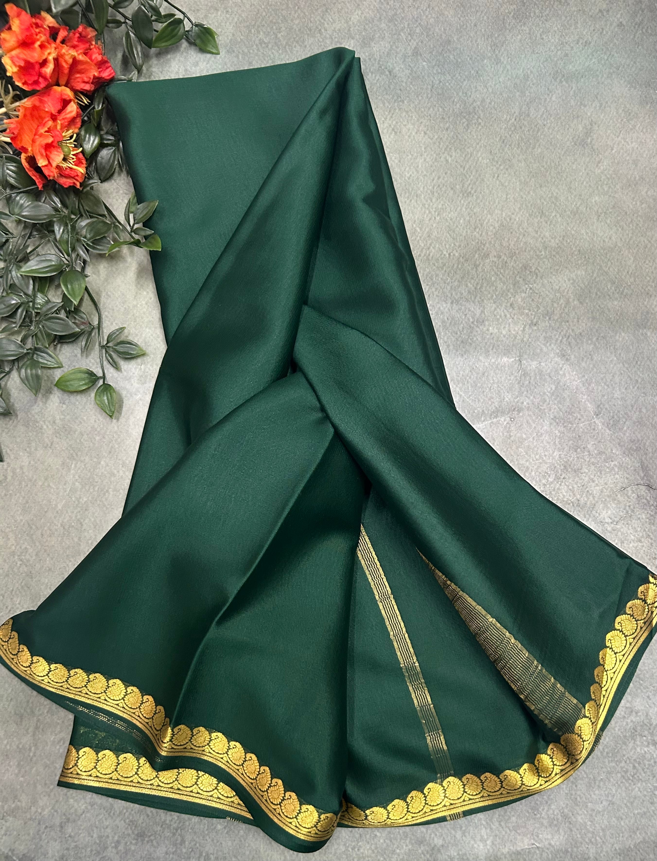 Bottle green pure Mysore crepe silk saree