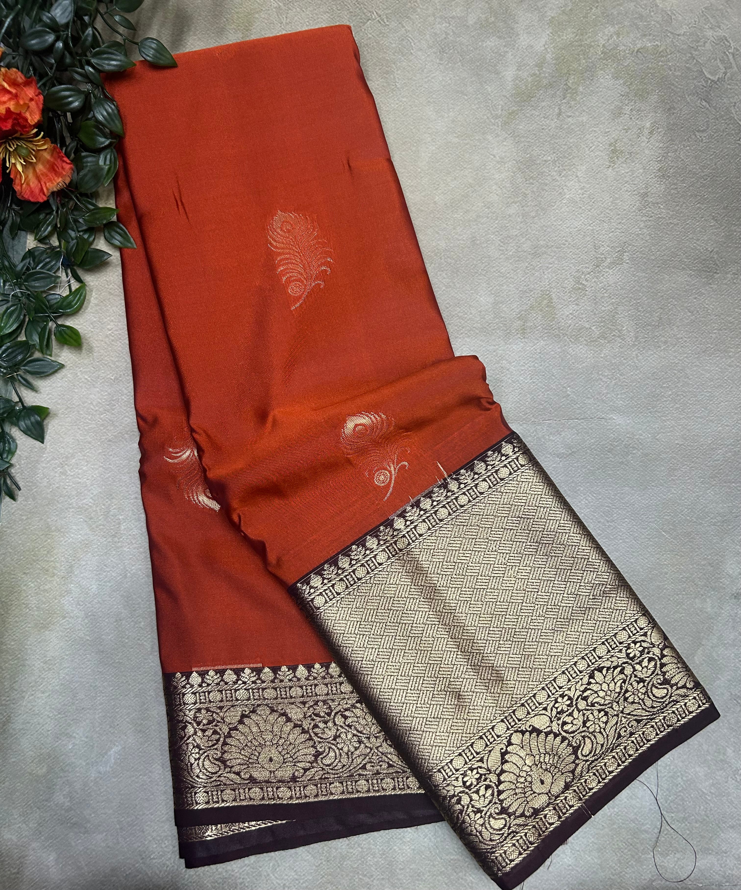 Rust orange long border semi Kanchi-105 saree