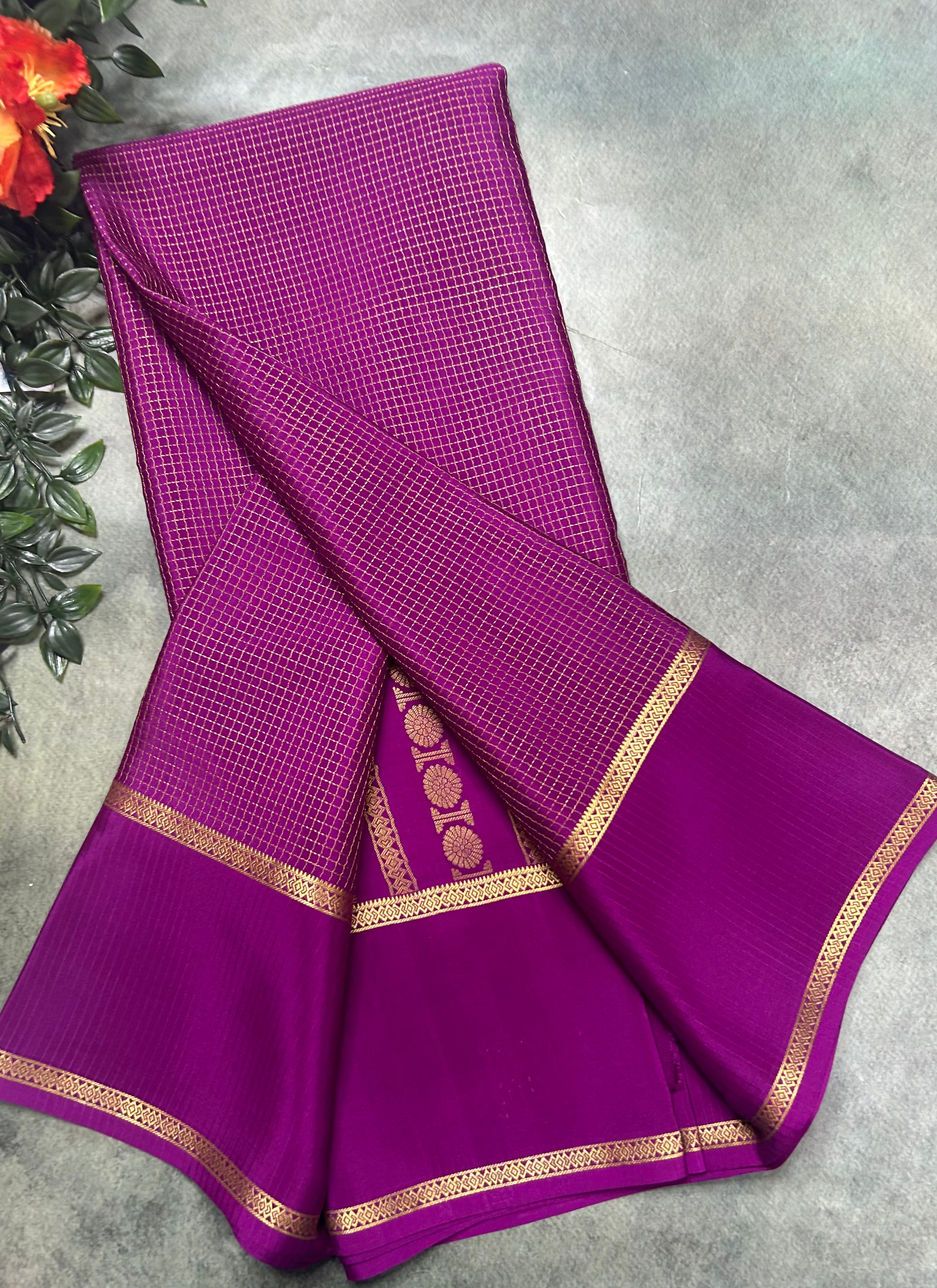 Purple small checks n bentex border pure Mysore silk 105 saree