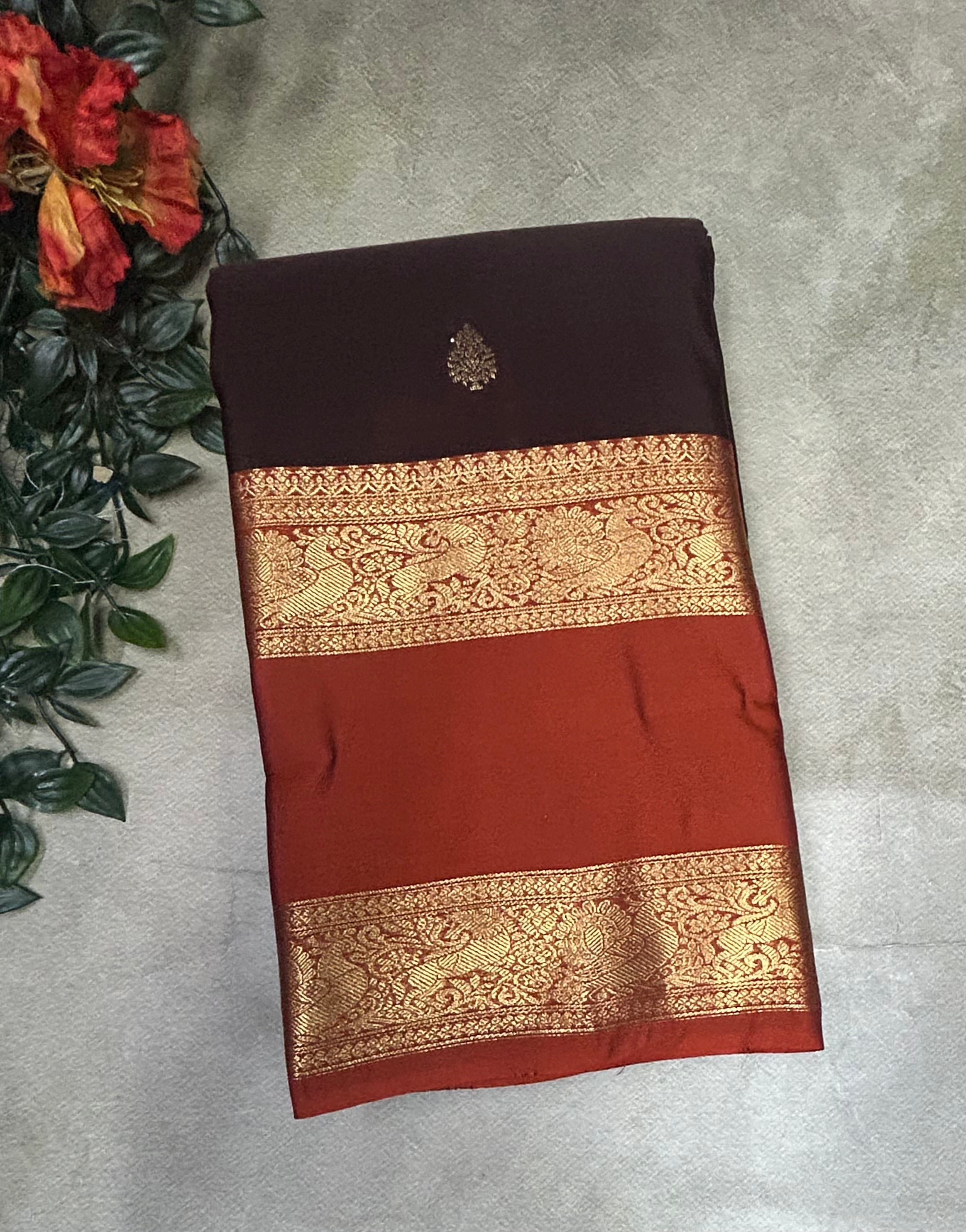 Dark brown Bentex border semi Kanchi-105 saree