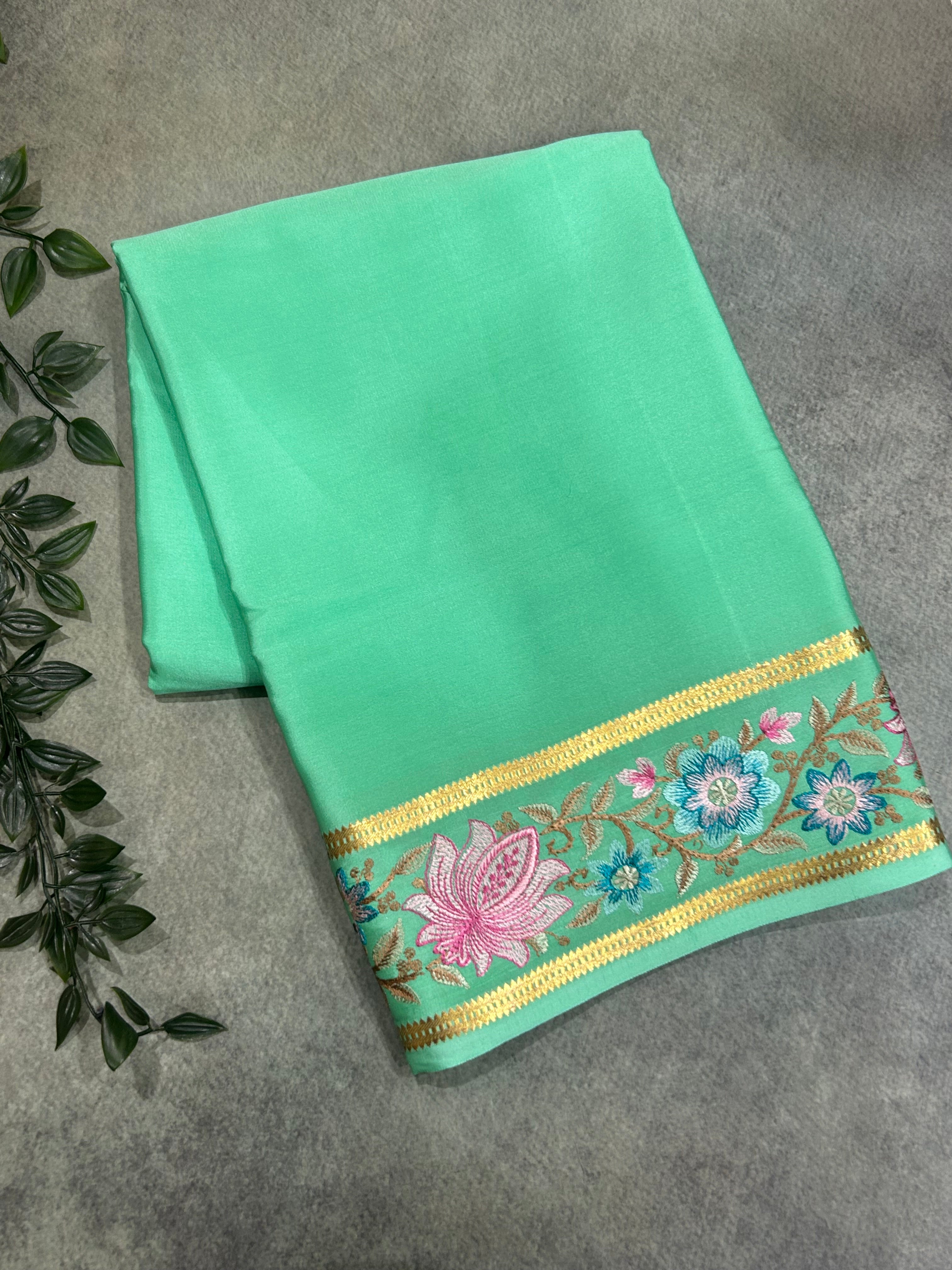 Distemper blue embroidery work-08 pure mysore crepe silk saree