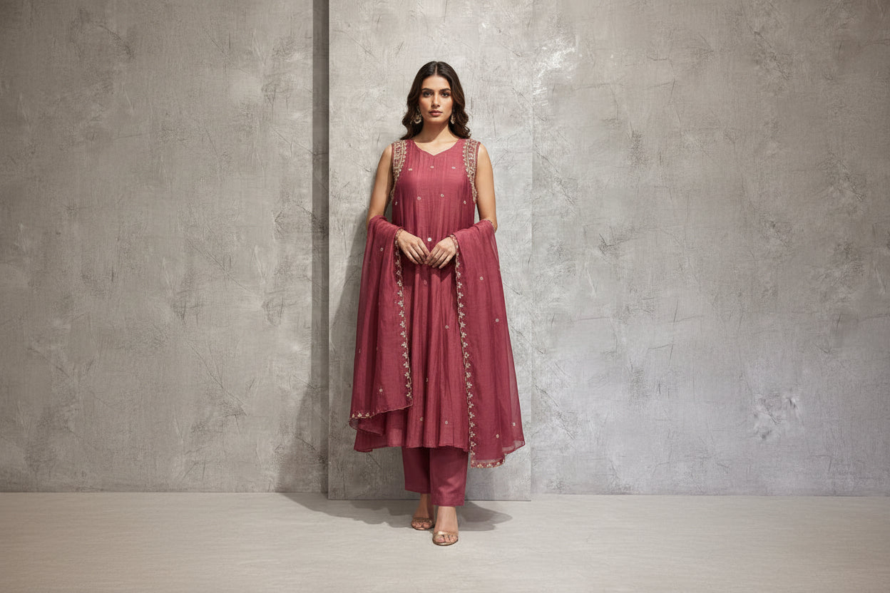 “Pani" Wine Mul Chanderi Silk Anarkali Handwork Kurtha 515