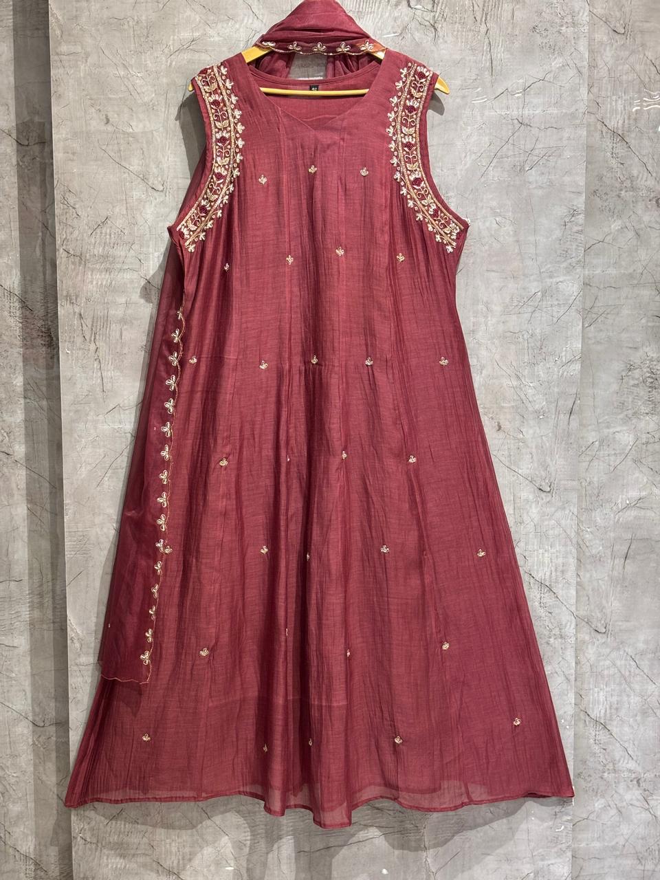 “Pani" Wine Mul Chanderi Silk Anarkali Handwork Kurtha 515
