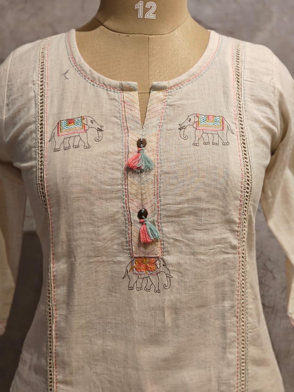 White Cotton Hand Embroidery Cord Set Kurtha 487