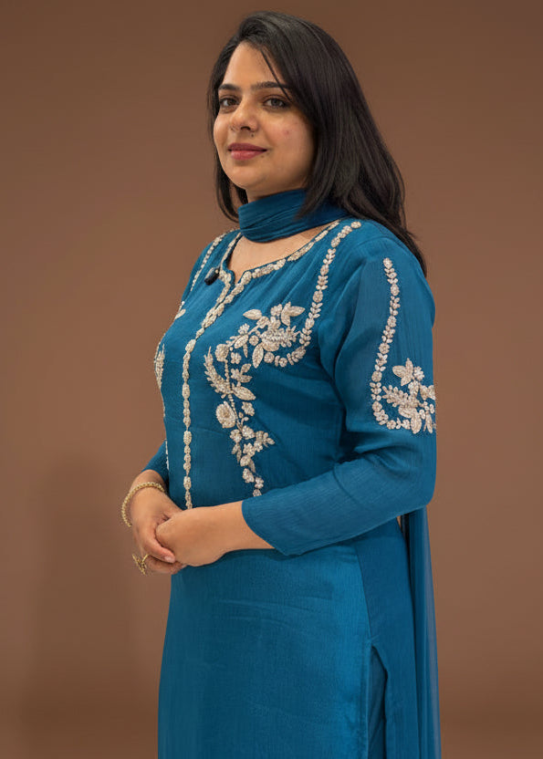 Blue Chinnon Hand Embroidery kurtha 602