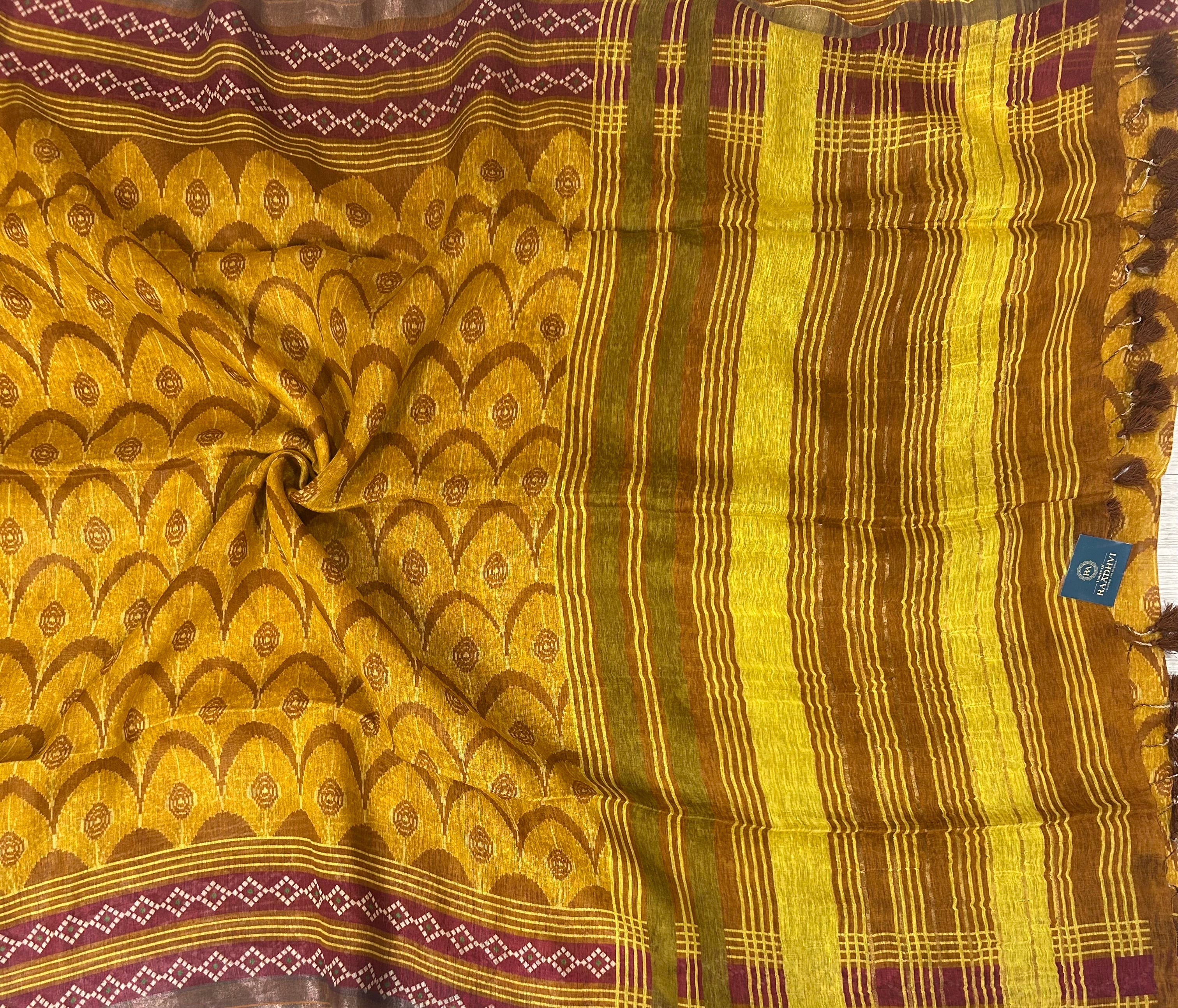 Mustard yellow pure linen saree
