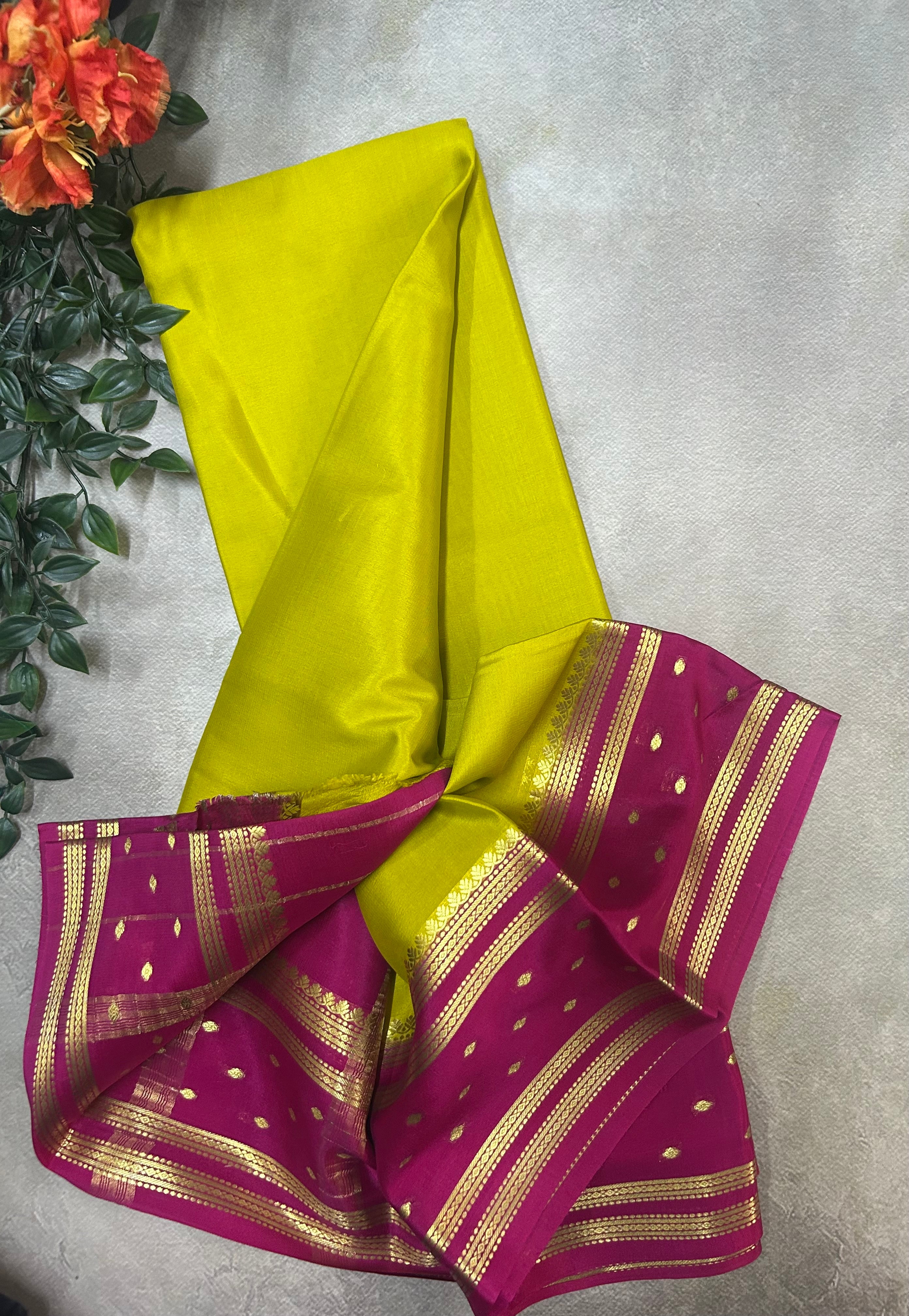 Lime yellow n pink pure Mysore silk saree